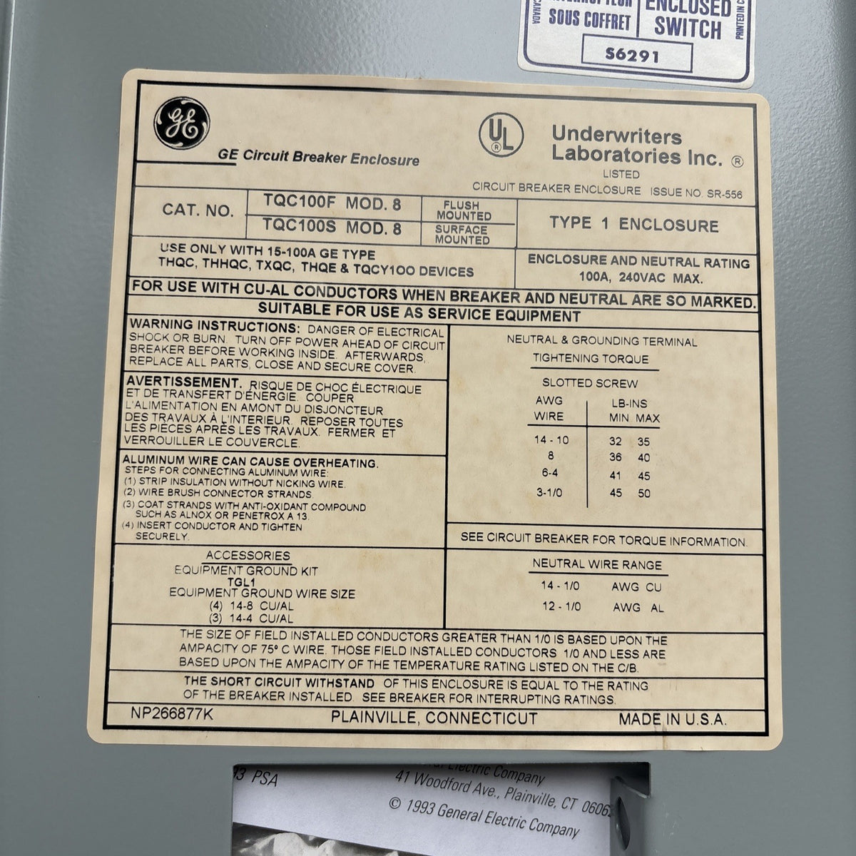 GE TQC100S Circuit Breaker Enclosure 100 Amp 240 Volt Surface Mount - NEW5