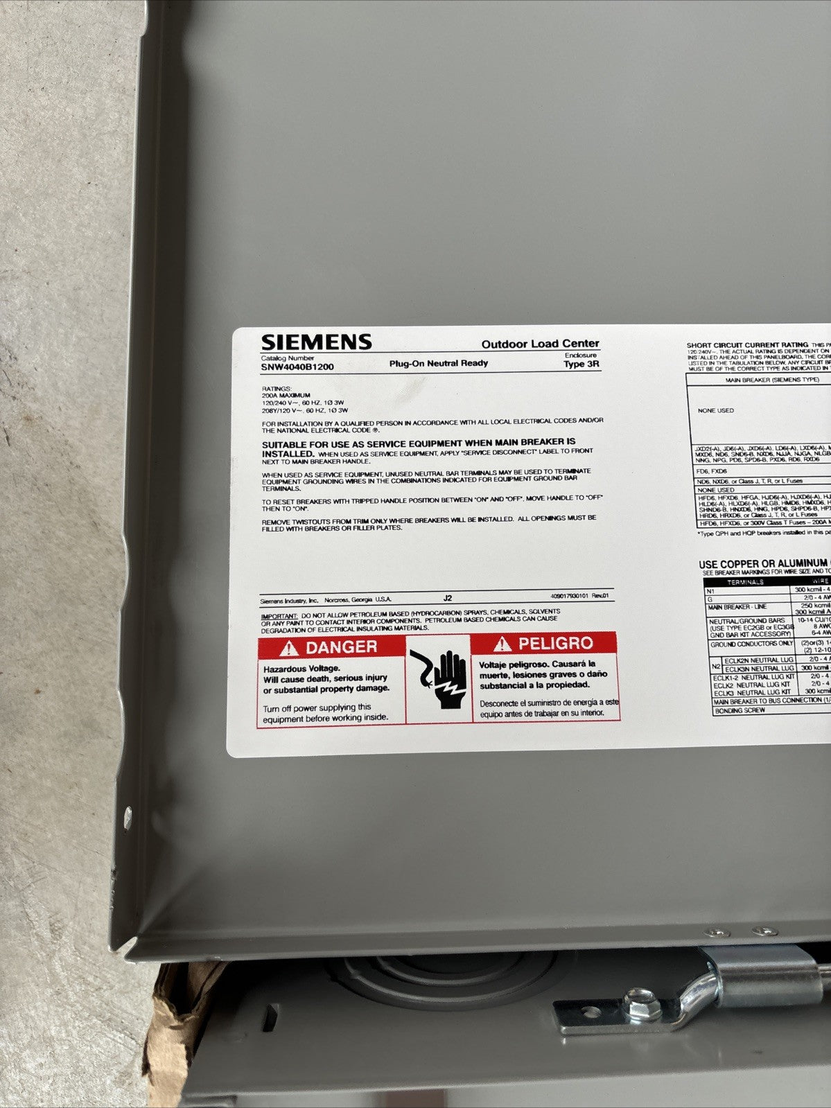 SIEMENS SNW4040B1200 200 Amp 40 Space 40 Circuit Main Breaker Load Center4