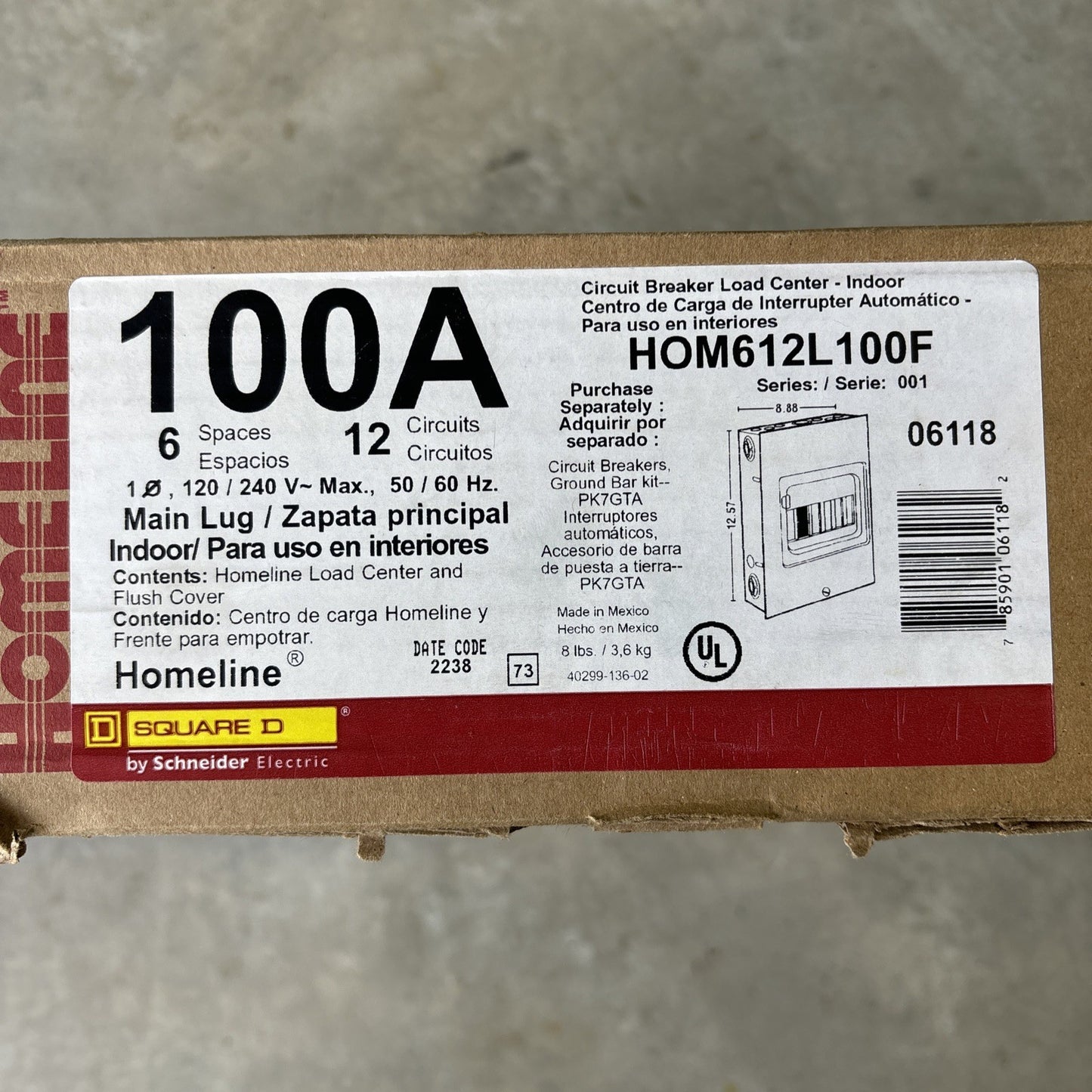1 New SQUARE D, Home Line HOM612L100F Load Center,100A,Lug,6 Spaces1