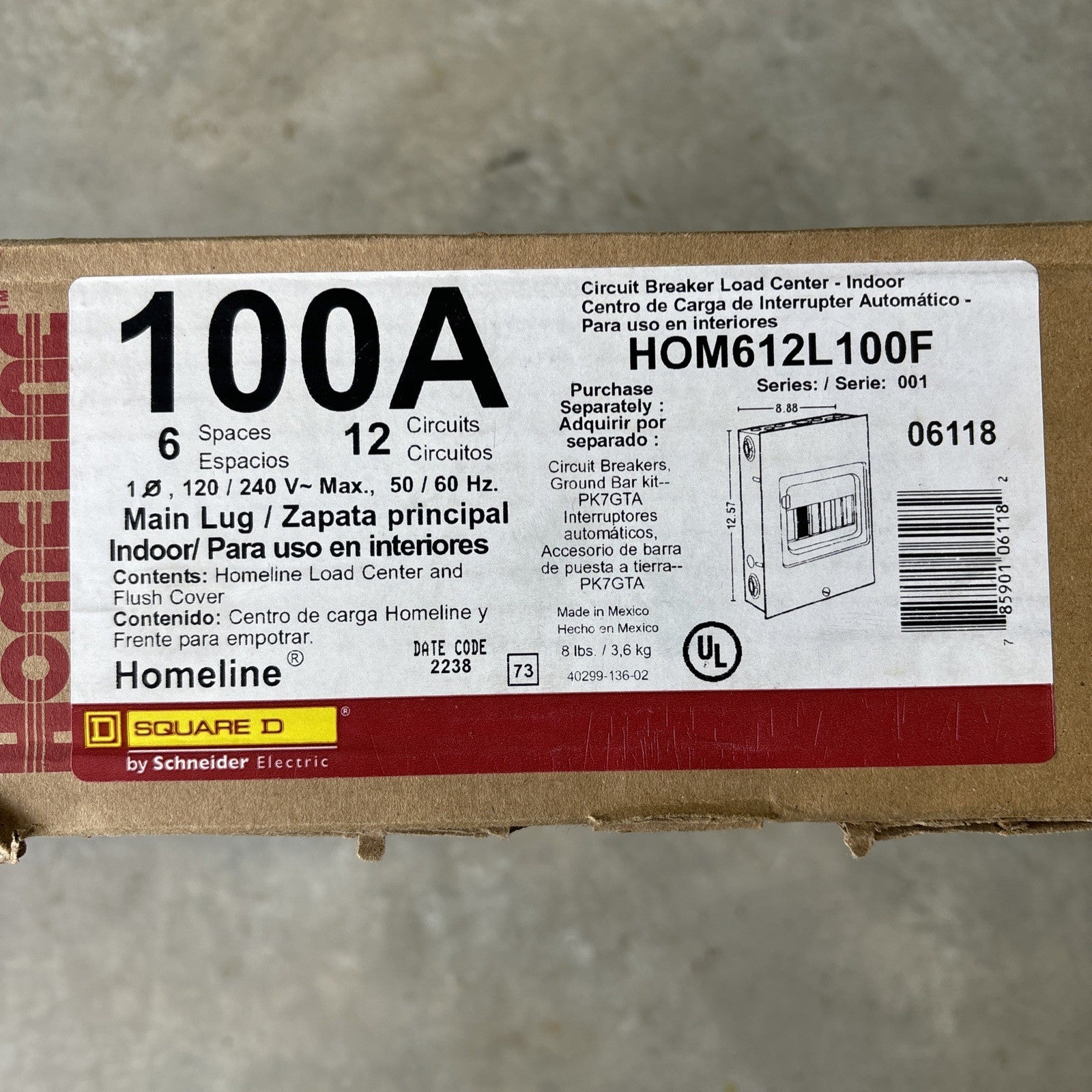 1 New SQUARE D, Home Line HOM612L100F Load Center,100A,Lug,6 Spaces1