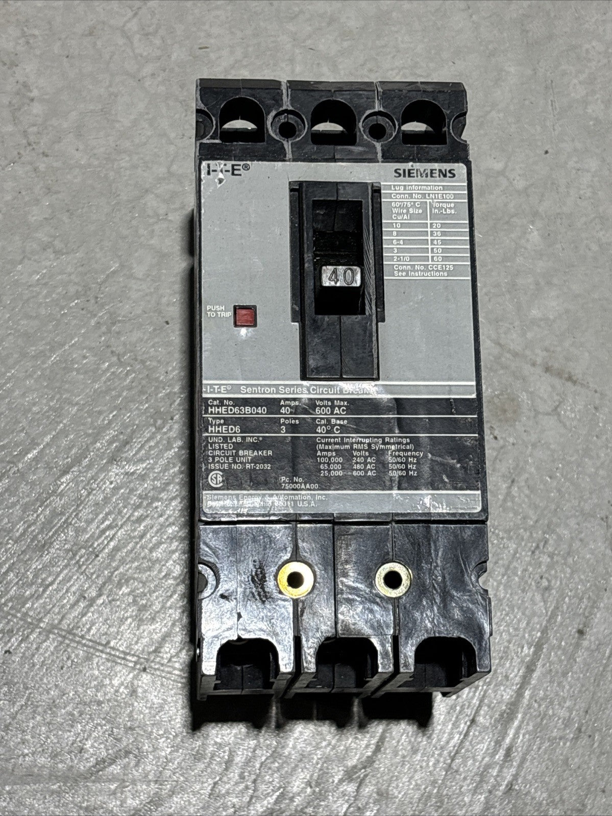 Siemens HHED63B040 40 Amp 3 Pole 3 Phase 600Vac Circuit Breaker0