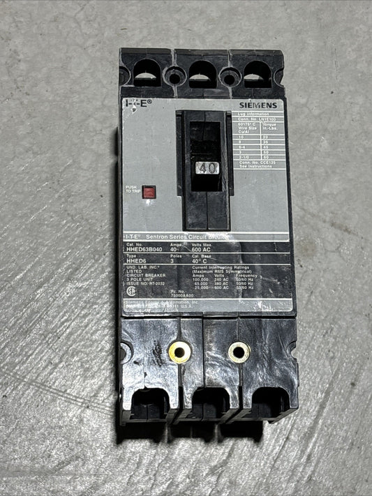 Siemens HHED63B040 40 Amp 3 Pole 3 Phase 600Vac Circuit Breaker0