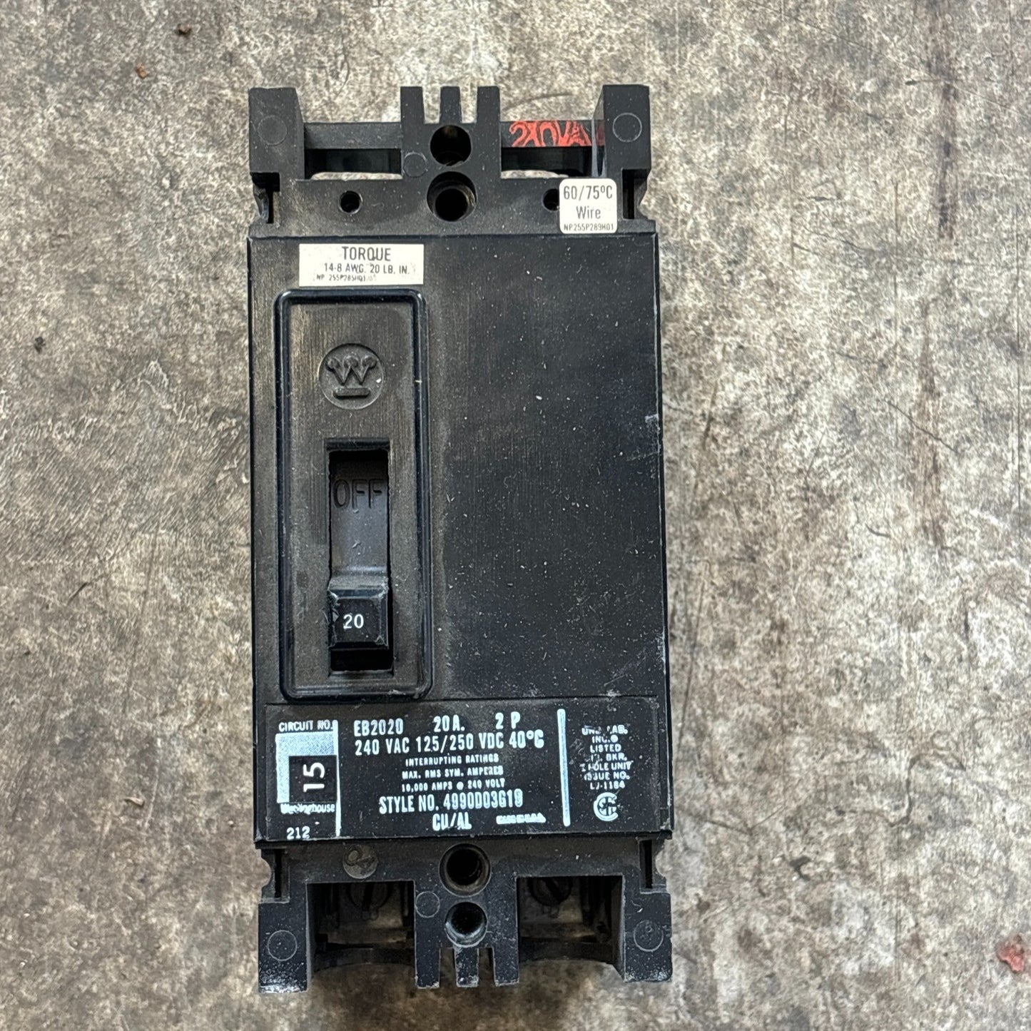 Westinghouse EB2020 Circuit Breaker 20 Amp 2 Pole 240 Vac1