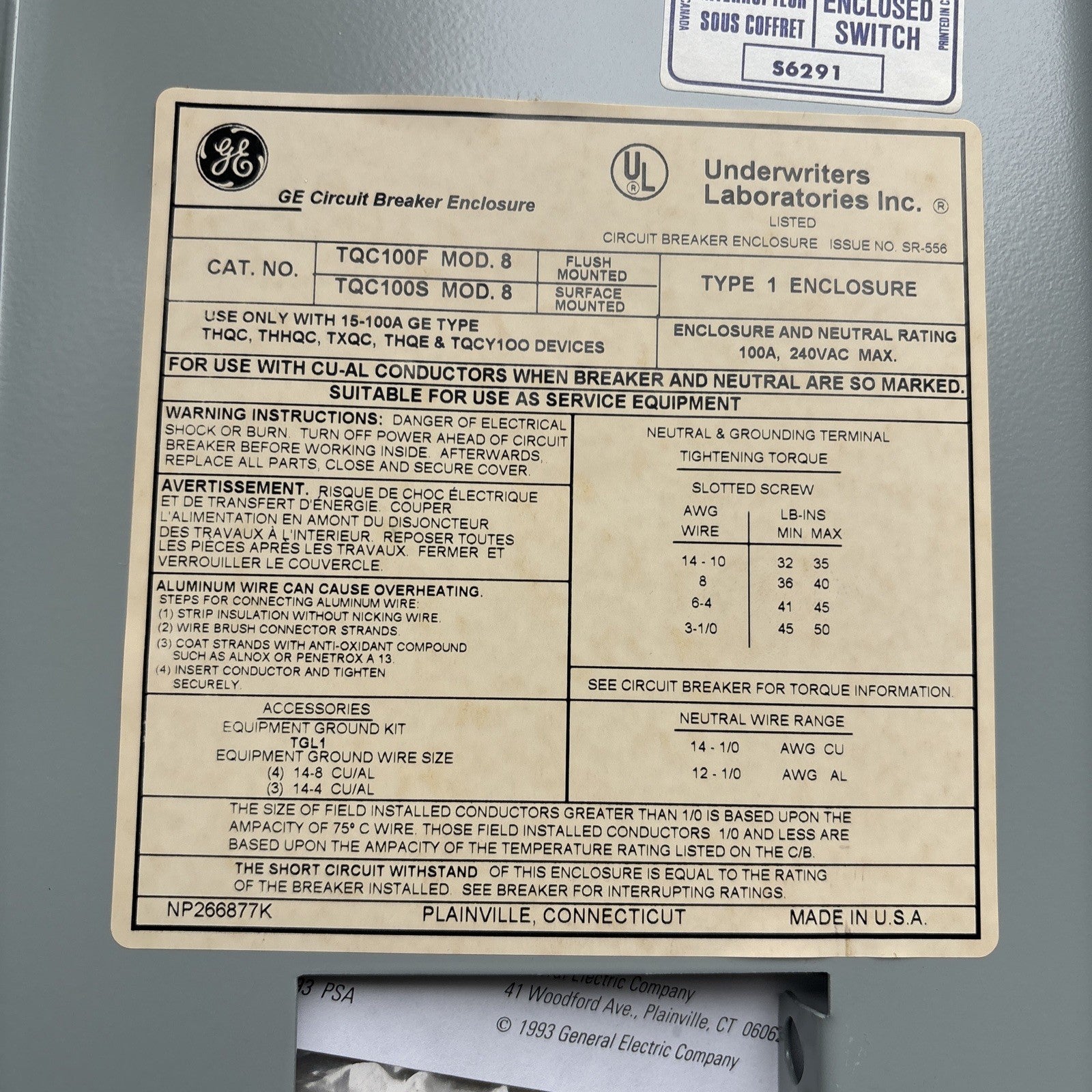 GE TQC100S Circuit Breaker Enclosure 100 Amp 240 Volt Surface Mount - NEW5