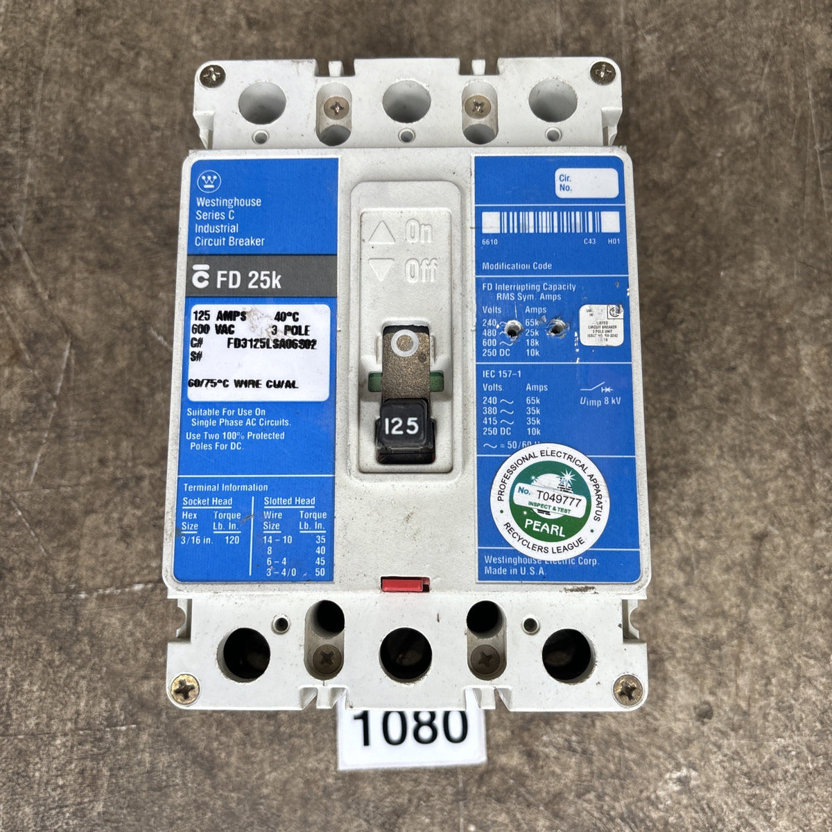 Cutler Hammer FD3125LSA06S02 FD 25K Circuit Breaker 125A0