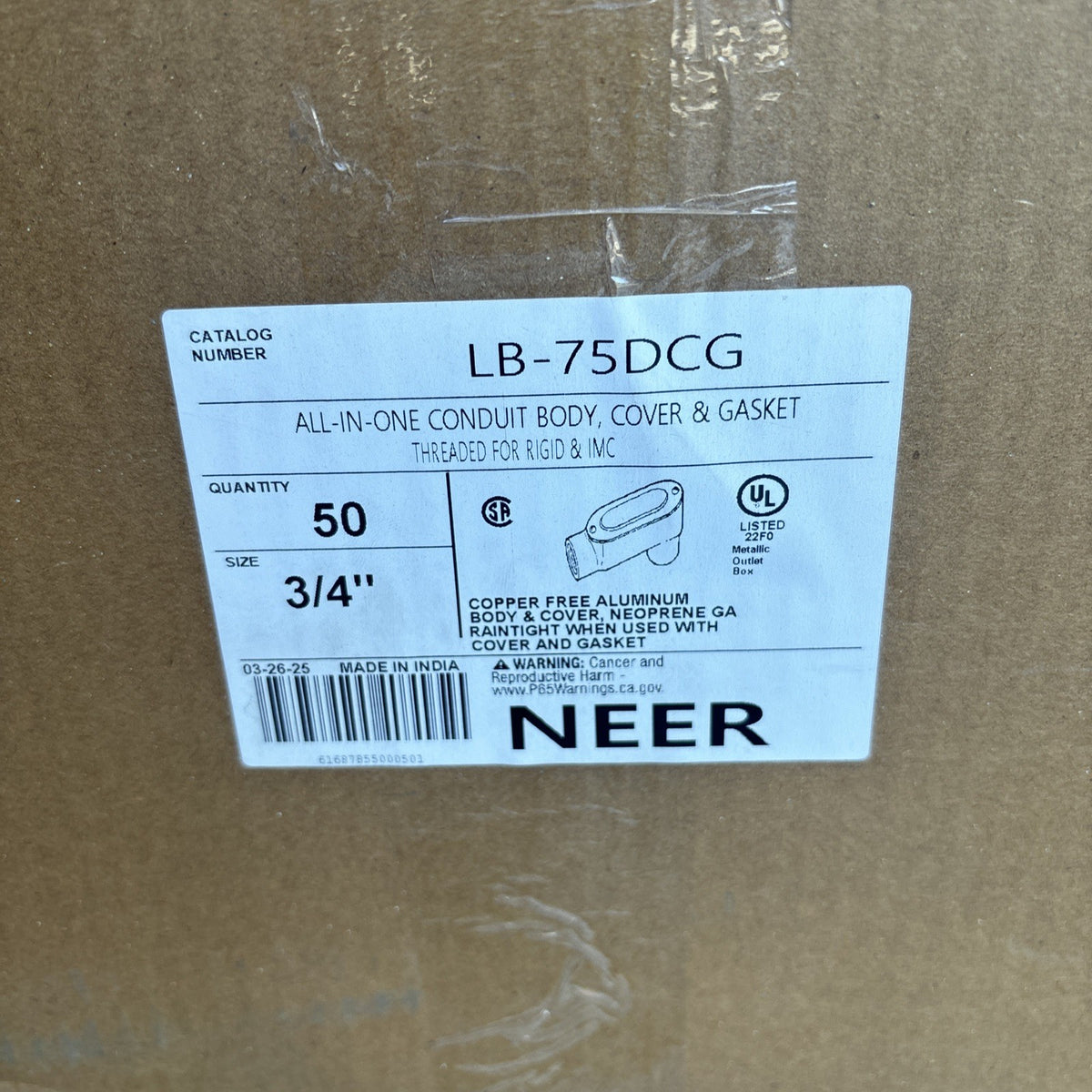 BOX OF 50 NEER LR-75DCG 3/4" ALL-IN-ONE CONDUIT BODY WITH COVER & GASKET1