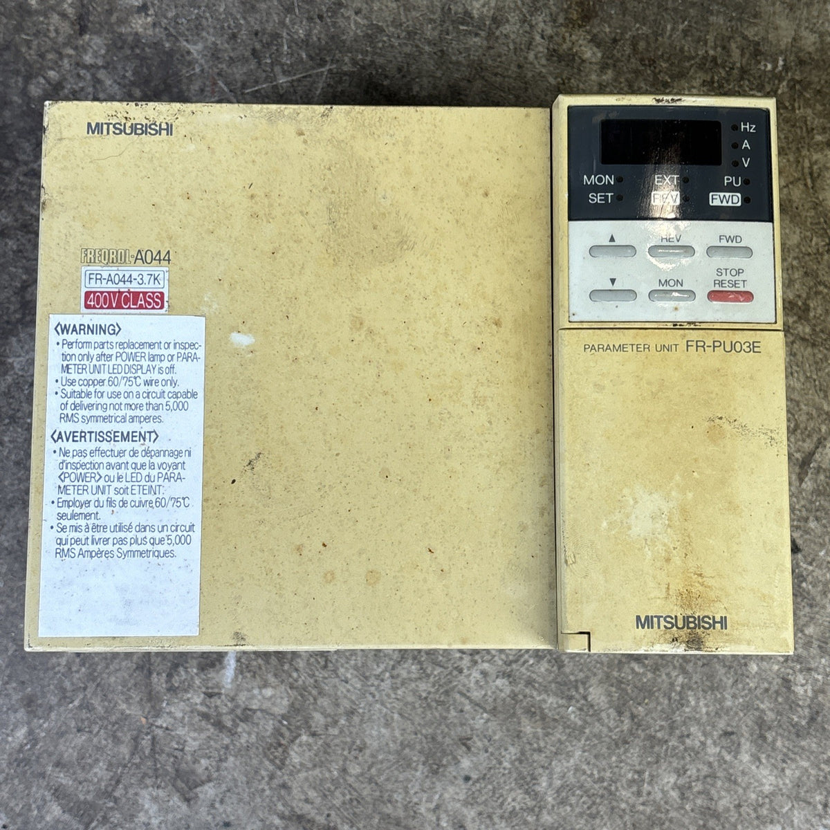 Mitsubishi FR A044 3.7K UL 5.0Hp Frequency Drive with FR PU03E Parameter Unit0