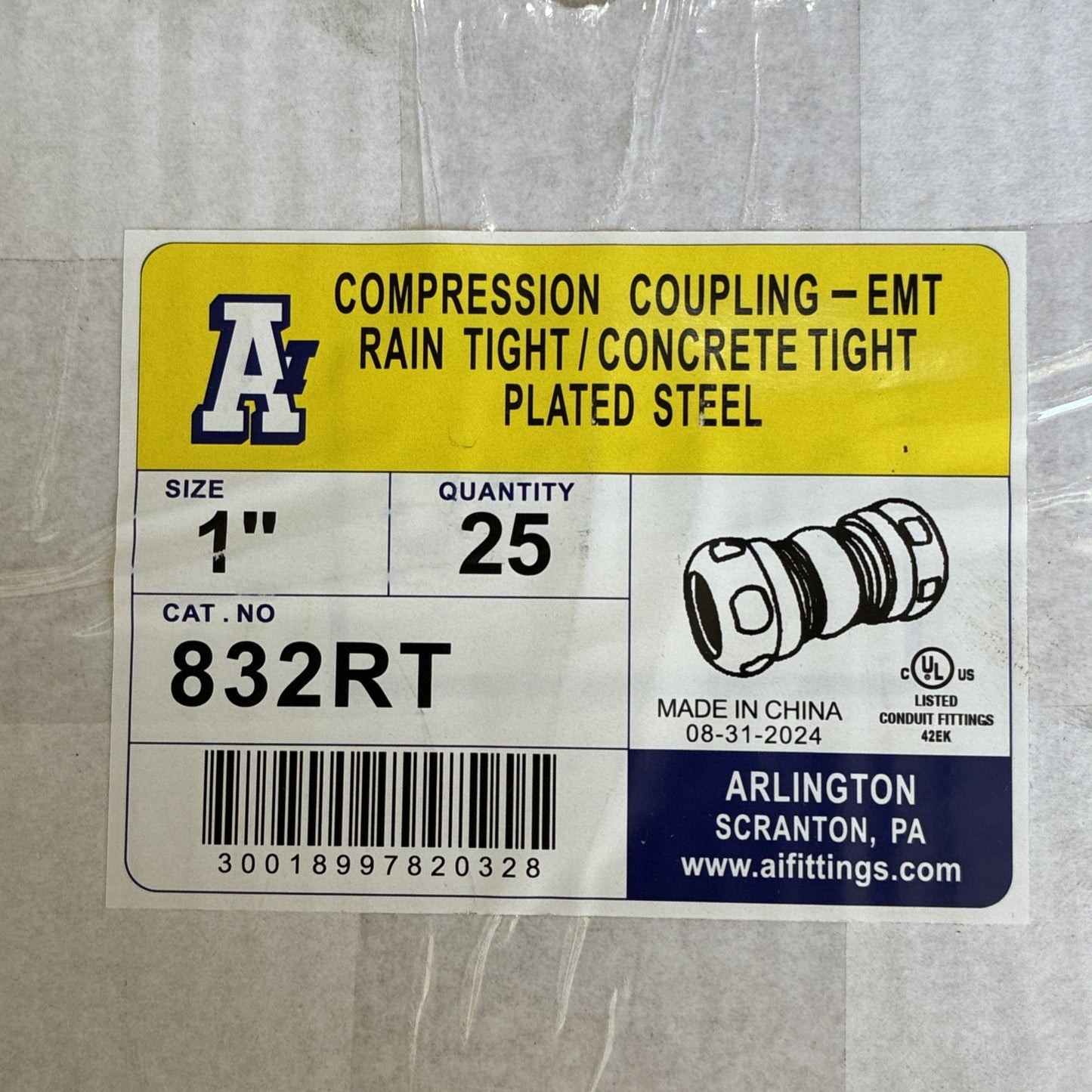 25x Arlington 832RT, 1", Steel, Rain Tight, Compression, EMT Conduit Coupling1