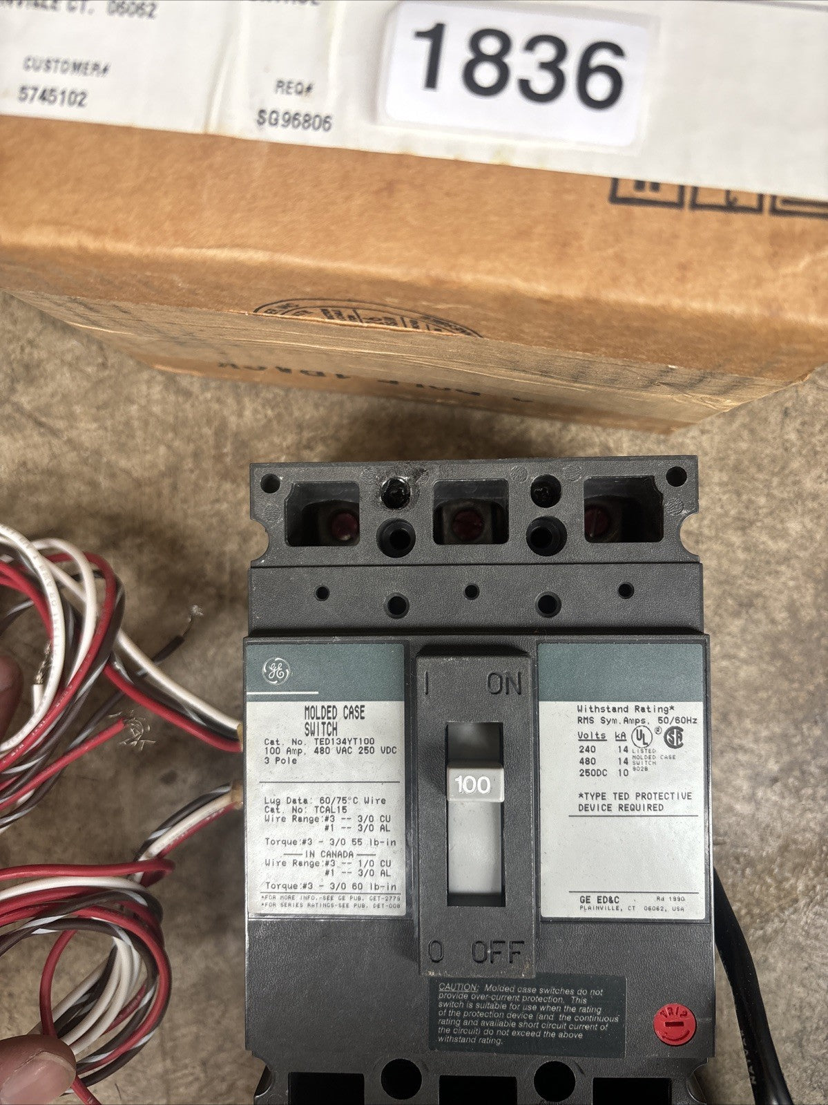 General Electric 100A Molded Case Switch TED134YT100 W/AUX SW & Shunt Trip5