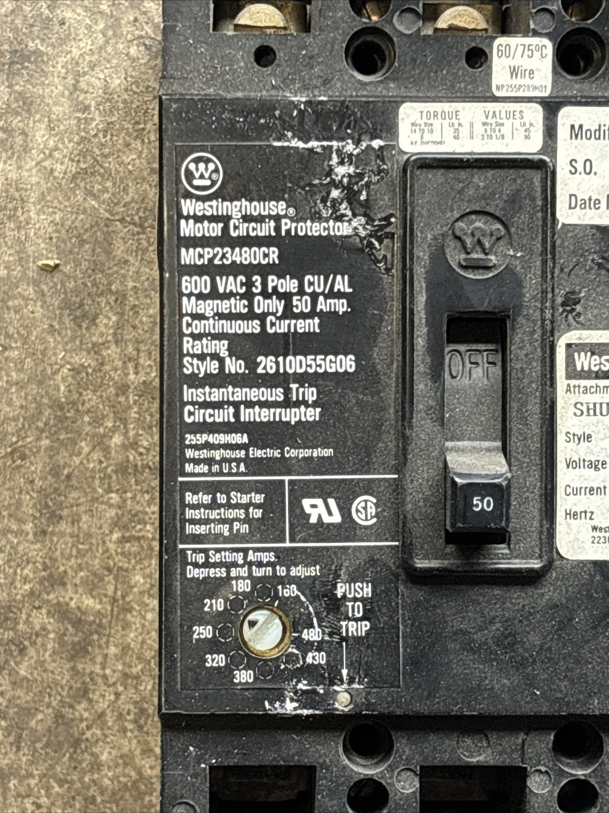 Westinghouse MCP23480CR 50 A Motor Circuit Protector Breaker 3 Pole 600 VAC Used1