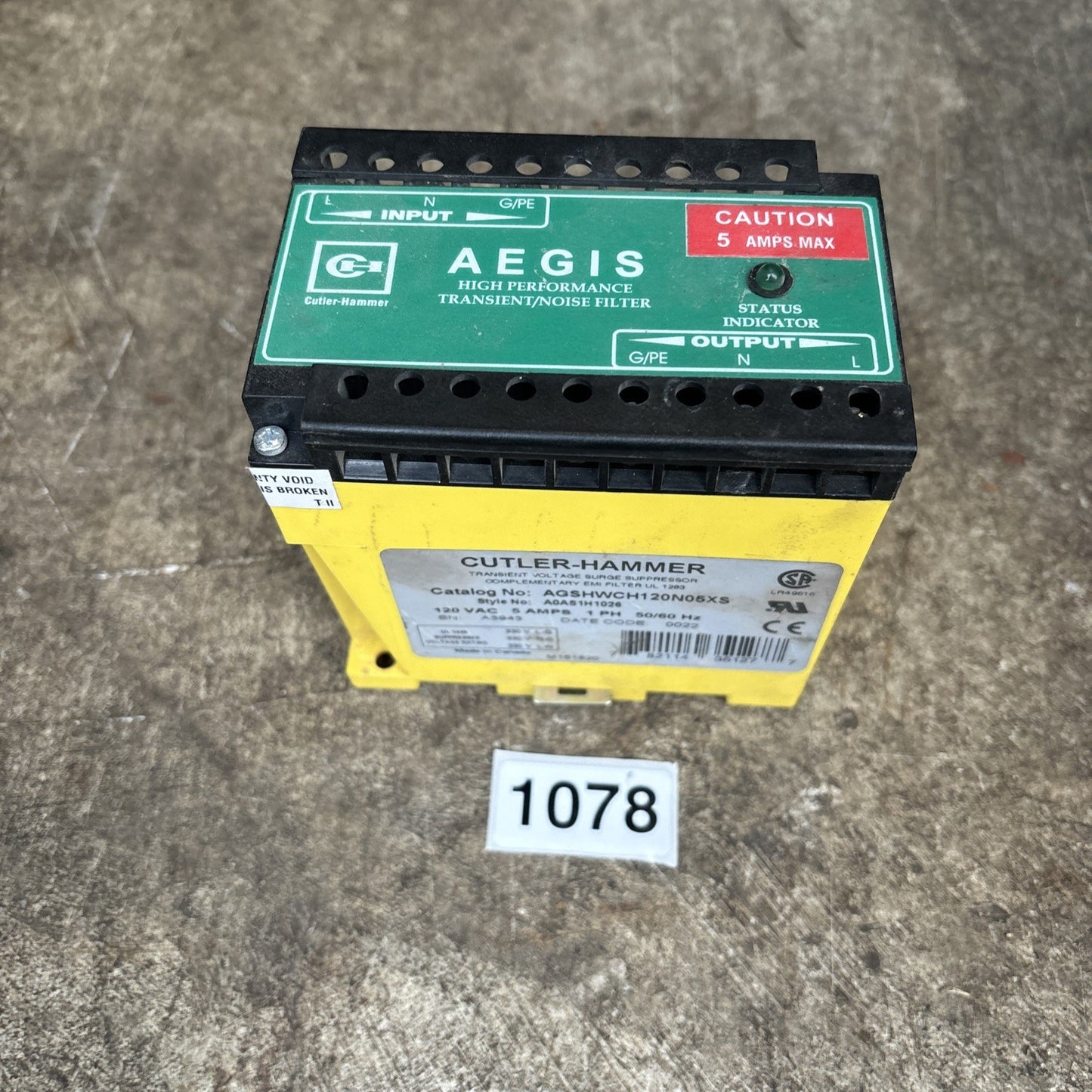 GUARANTEED! CUTLER HAMMER 120V 5A VOLTAGE SURGE SUPPRESSOR AGSHWCH120N05XS0