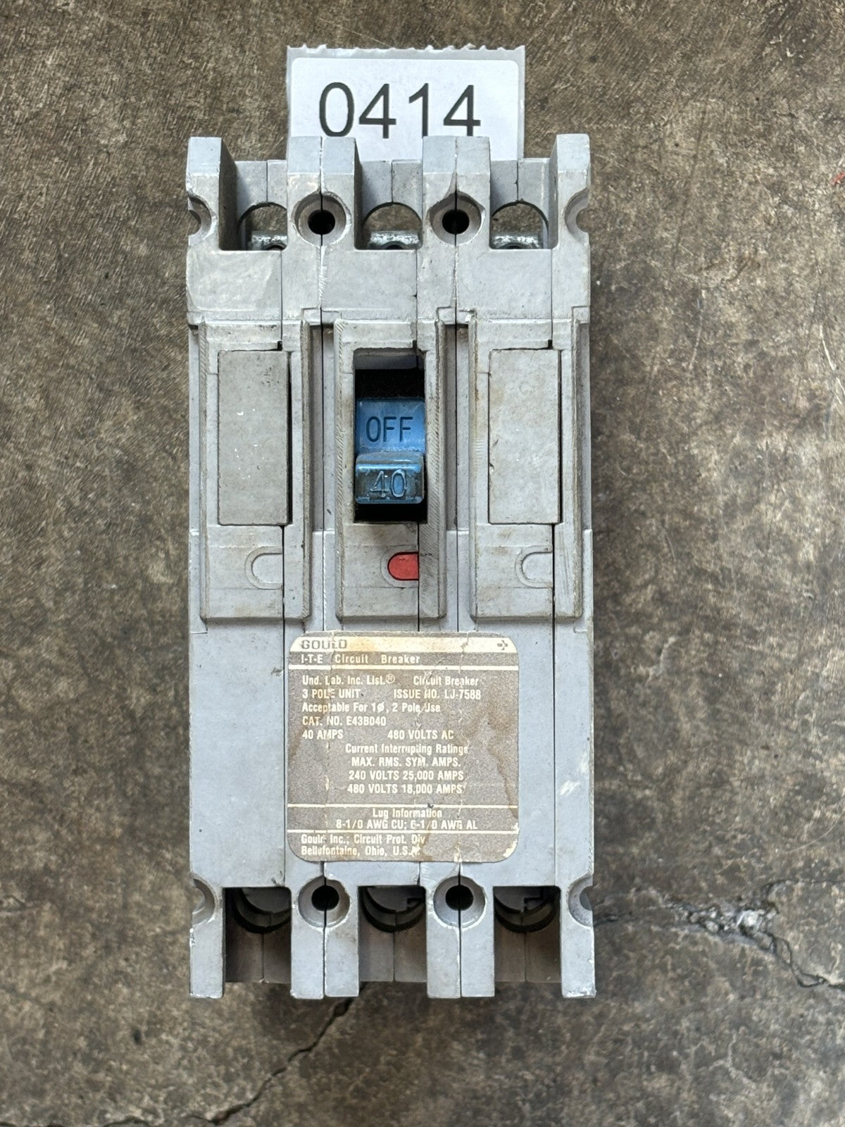 ITE E43B040 Circuit Breaker 40 Amp 3 Pole 480 Vac0