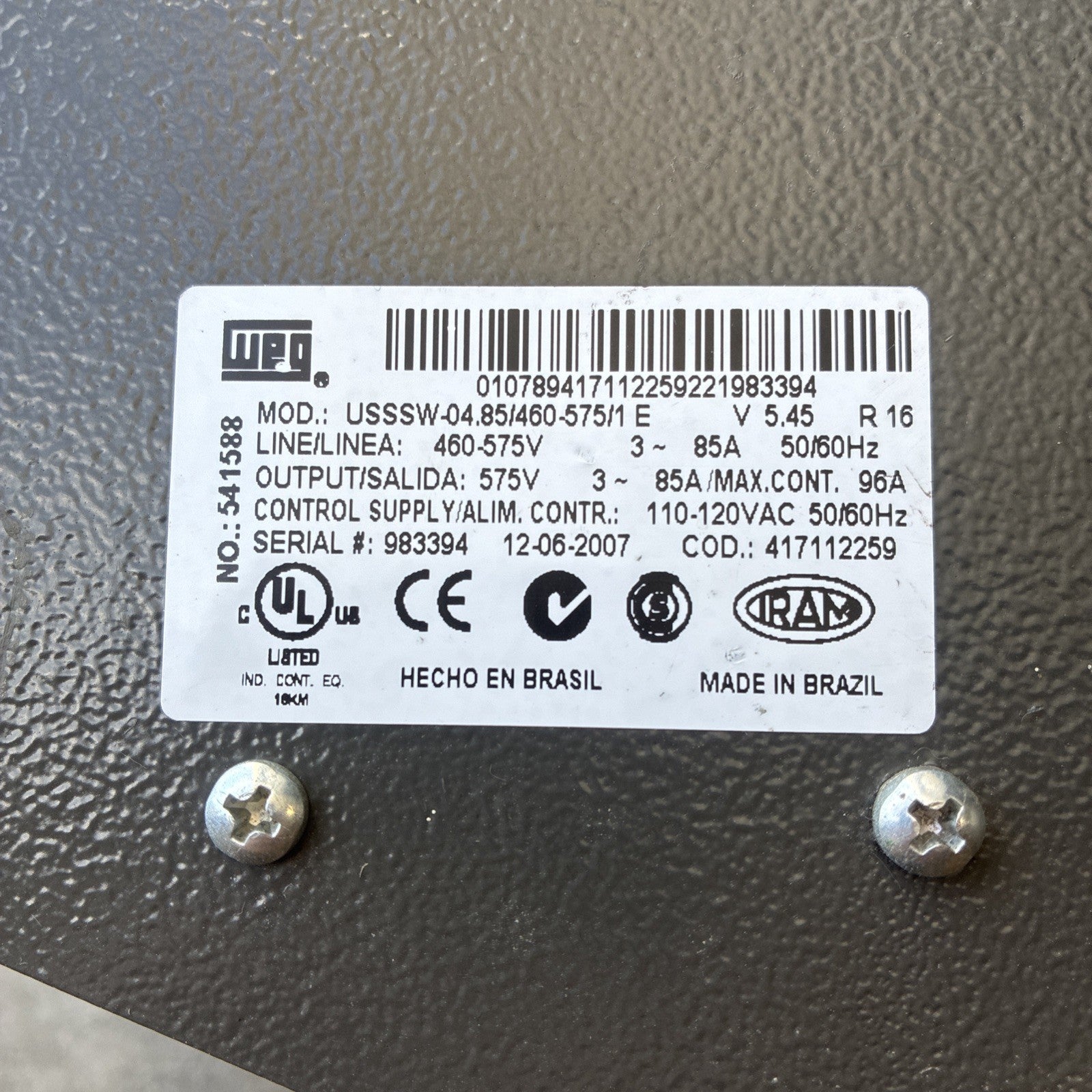 USSSW-04.85/460-575/1 E WEG 96A 460-575V 50Hz Soft Start3
