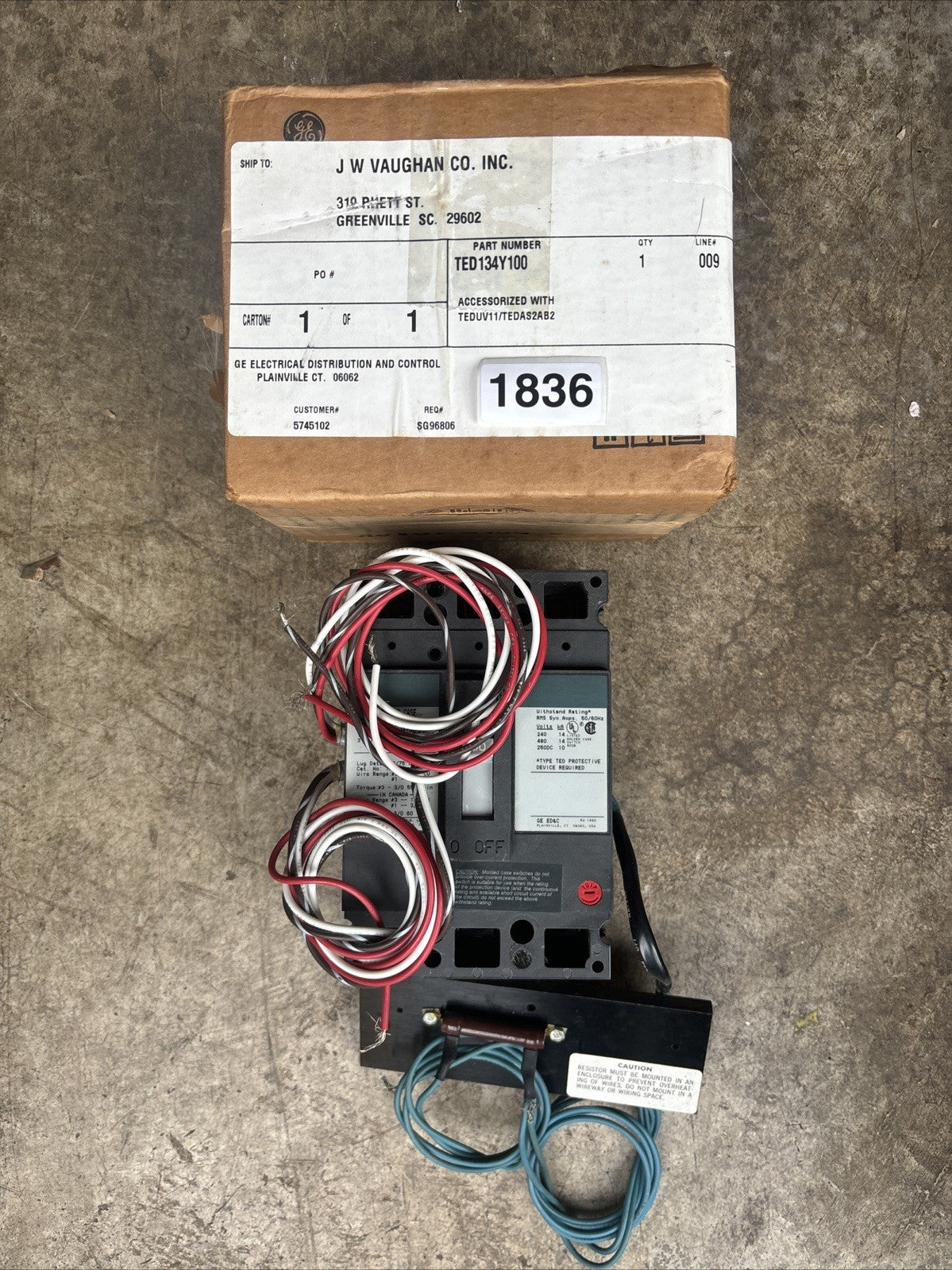 General Electric 100A Molded Case Switch TED134YT100 W/AUX SW & Shunt Trip0