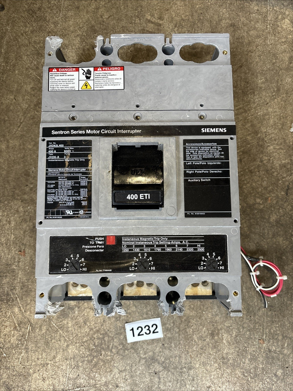 Siemens Sentron JXD63L400 Circuit Breaker 3P, 400A, 600VAC0