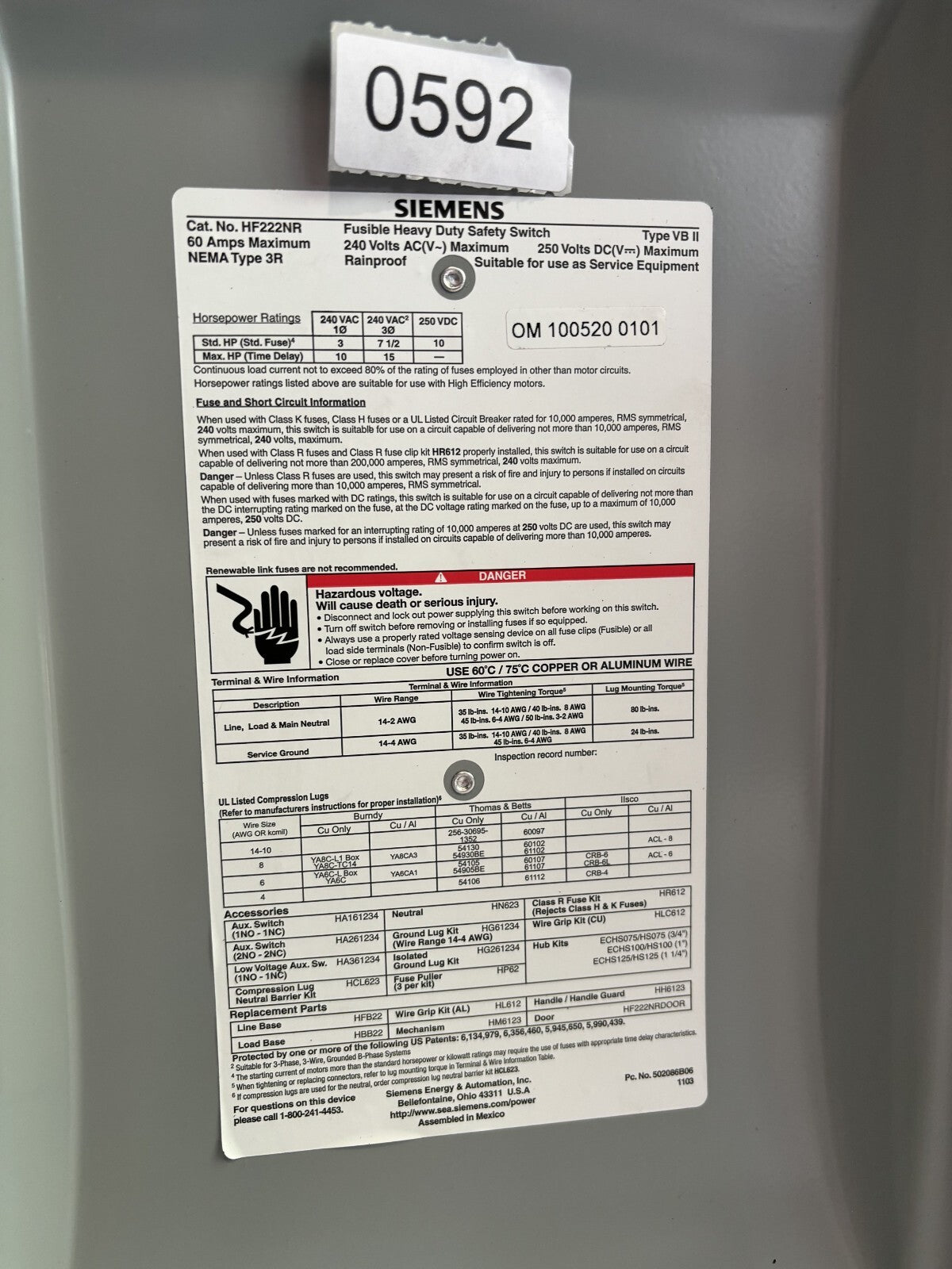 Siemens HF222NR Fusible Heavy Duty Safety Switch 60 Amp 240 Vac4