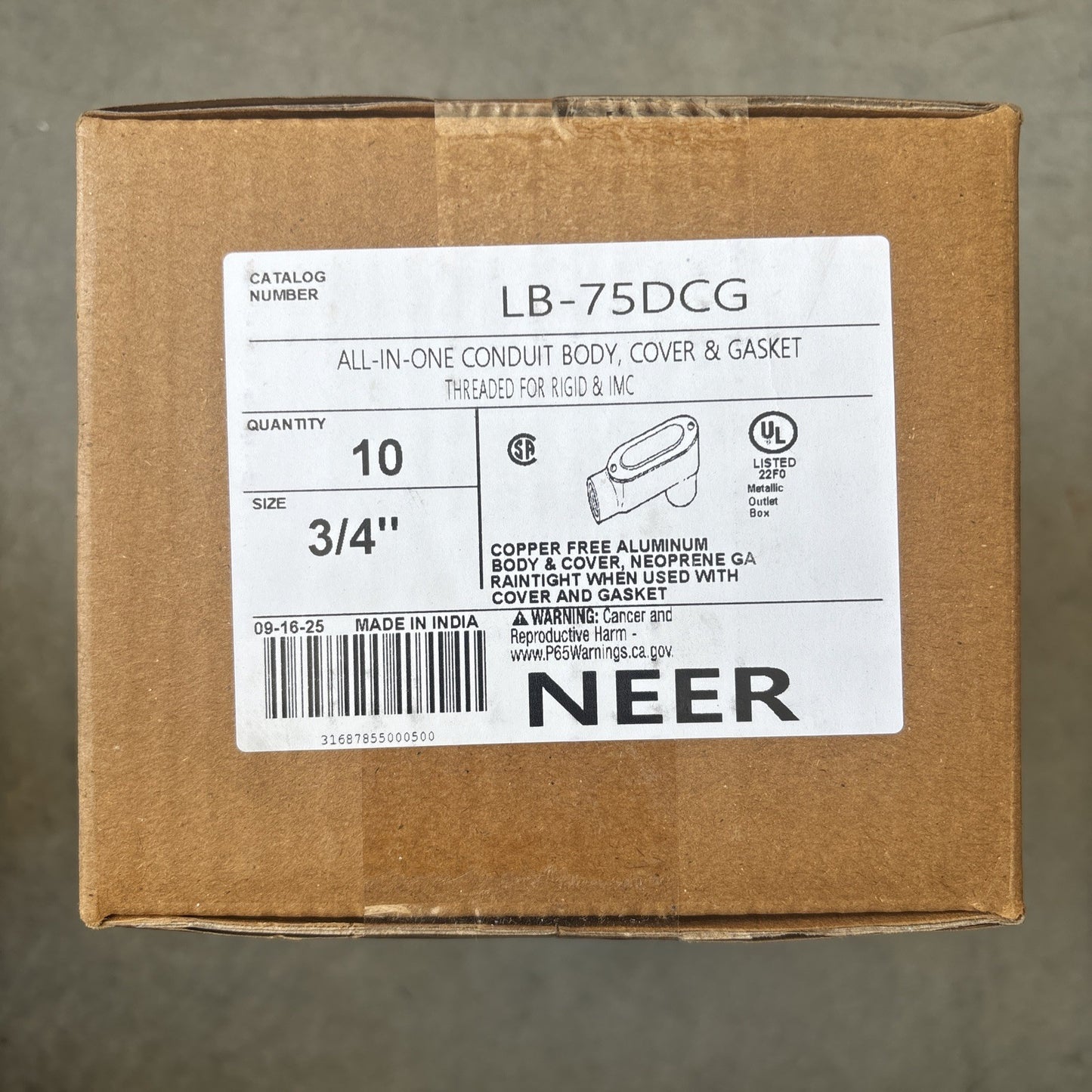 Case Of 10 NEER ALL IN ONE CONDUIT BODY | COVER & GASKET LB 75DCG0