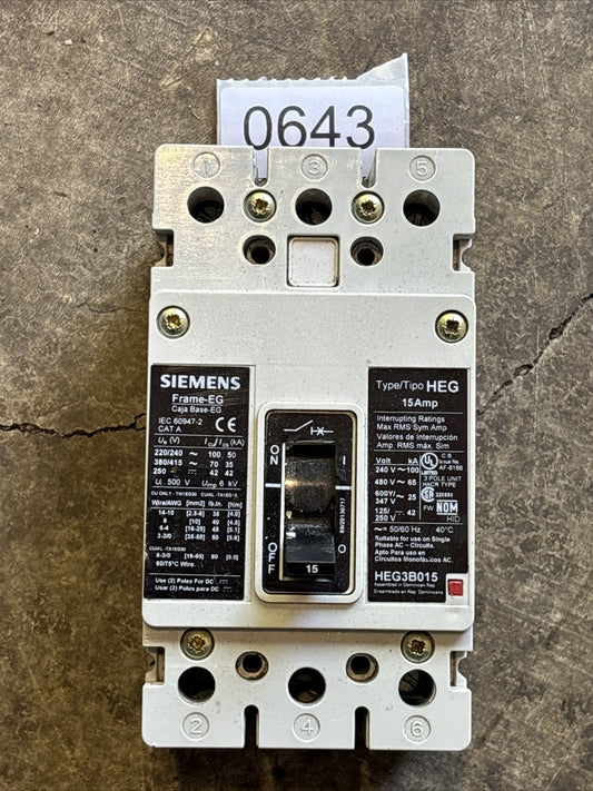 Siemens HEG HEG3B015 3 POLE 15 AMP 500V CIRCUIT BREAKER FLAWED0