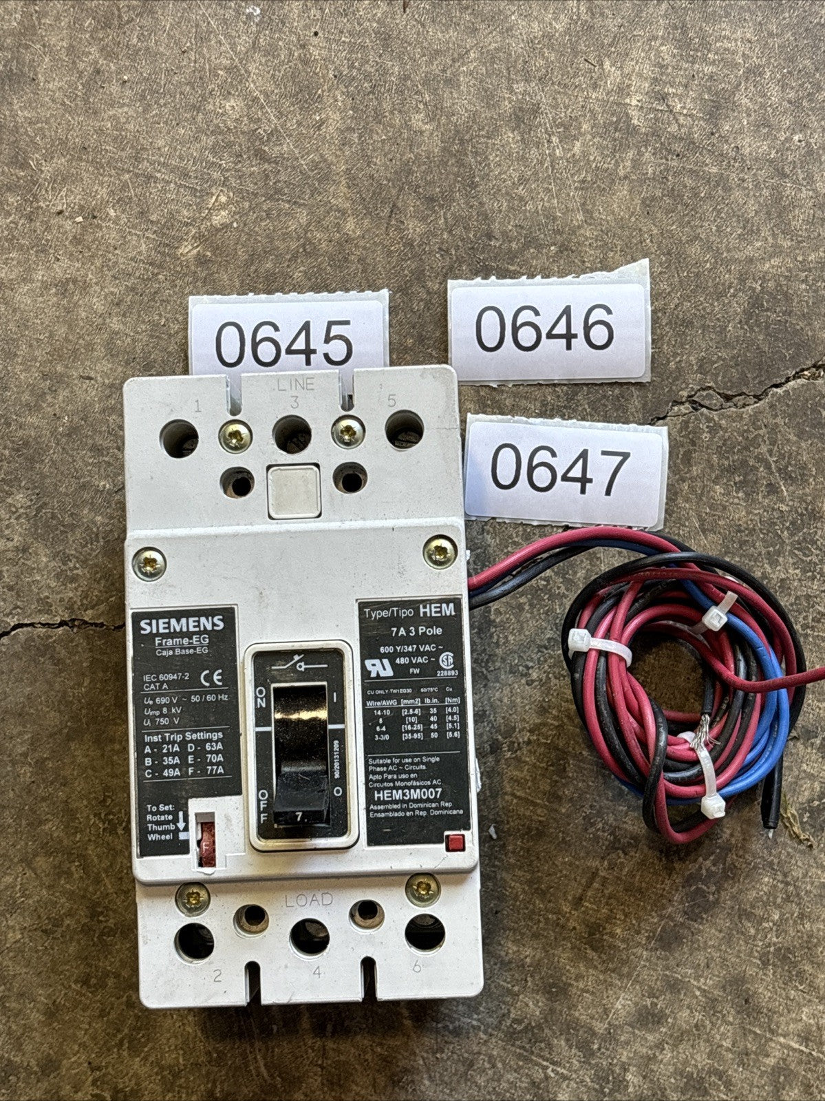 SIEMENS HEM3M007 7Amp 3P 480VAC EG FRAME C.B.0