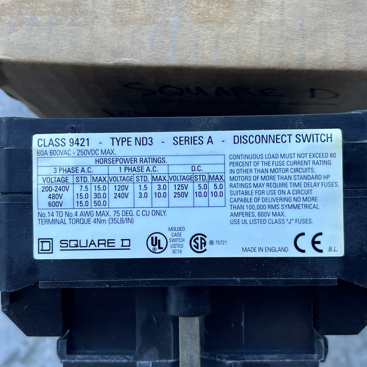 Square D ND3 Disconnect Switch 60AMP 600VAC-250VDC3