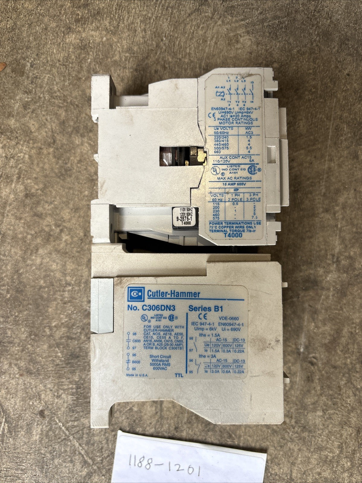 Cutler Hammer AE16BNS0 Starter, C20KGT3 Contact Block, C306DN3 Relay *WARRANTY*2