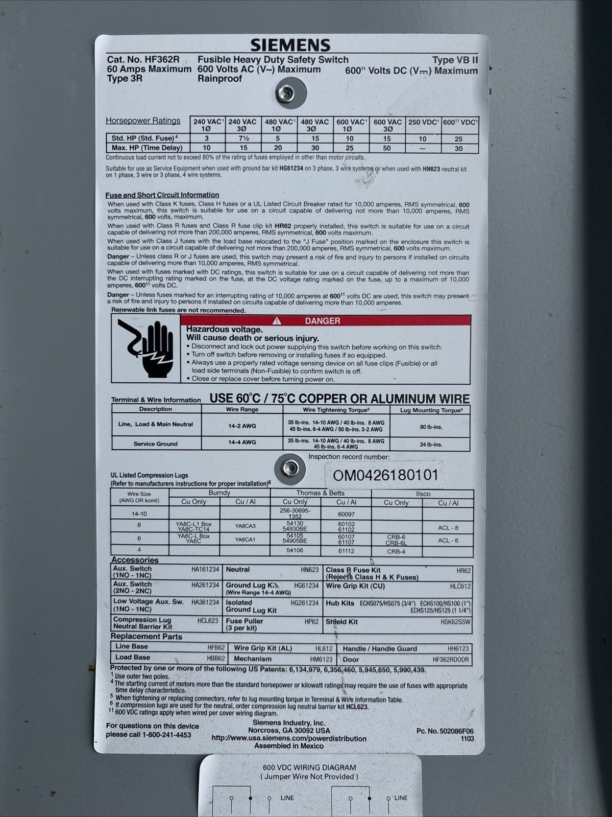 Siemens Fusible 3R Safety Switch/Disconnect HF362R 60A 600V 3P Used1