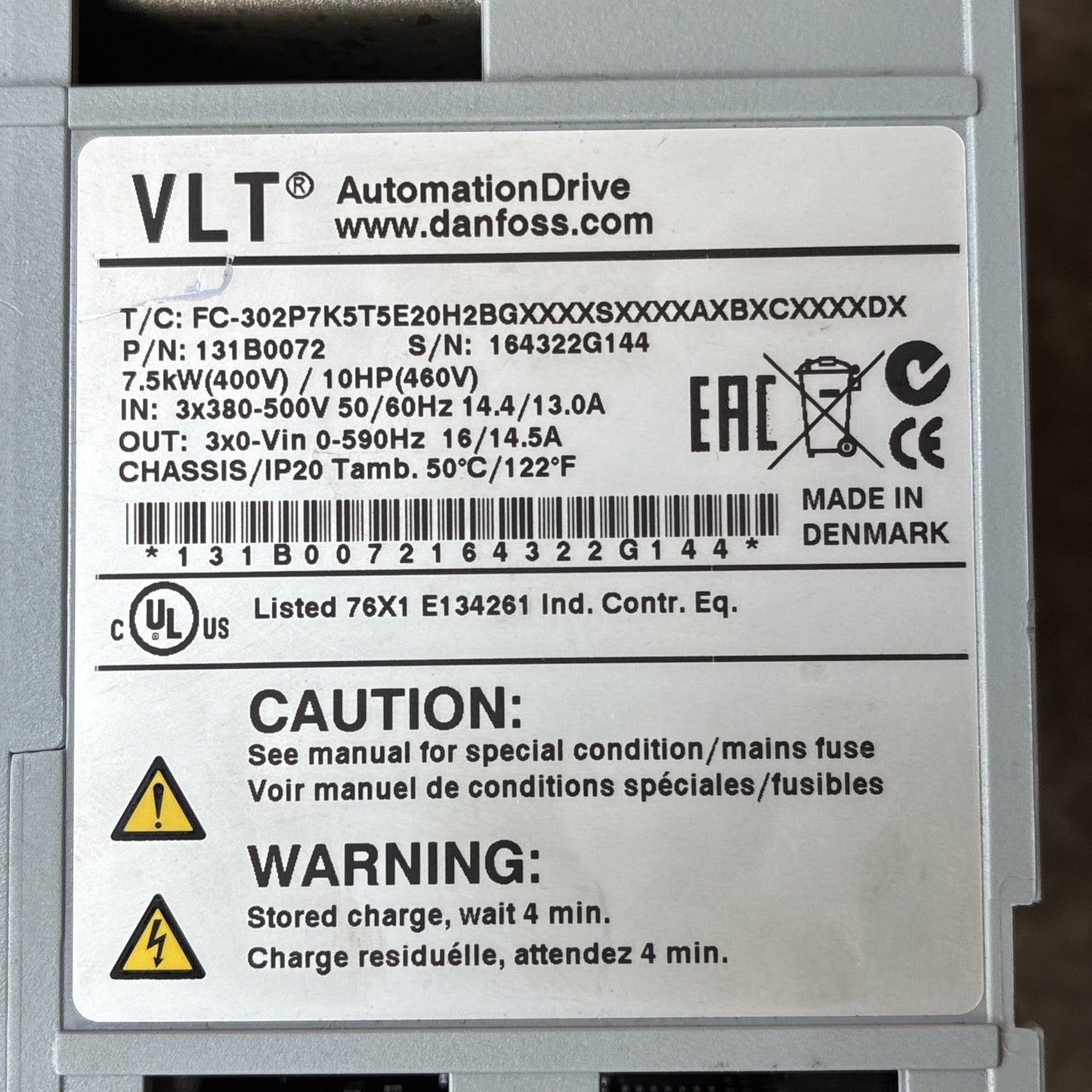 Danfoss VLT AutomationDrive 7.5kW 10HP Frequency Converter 131B0072 Style1
