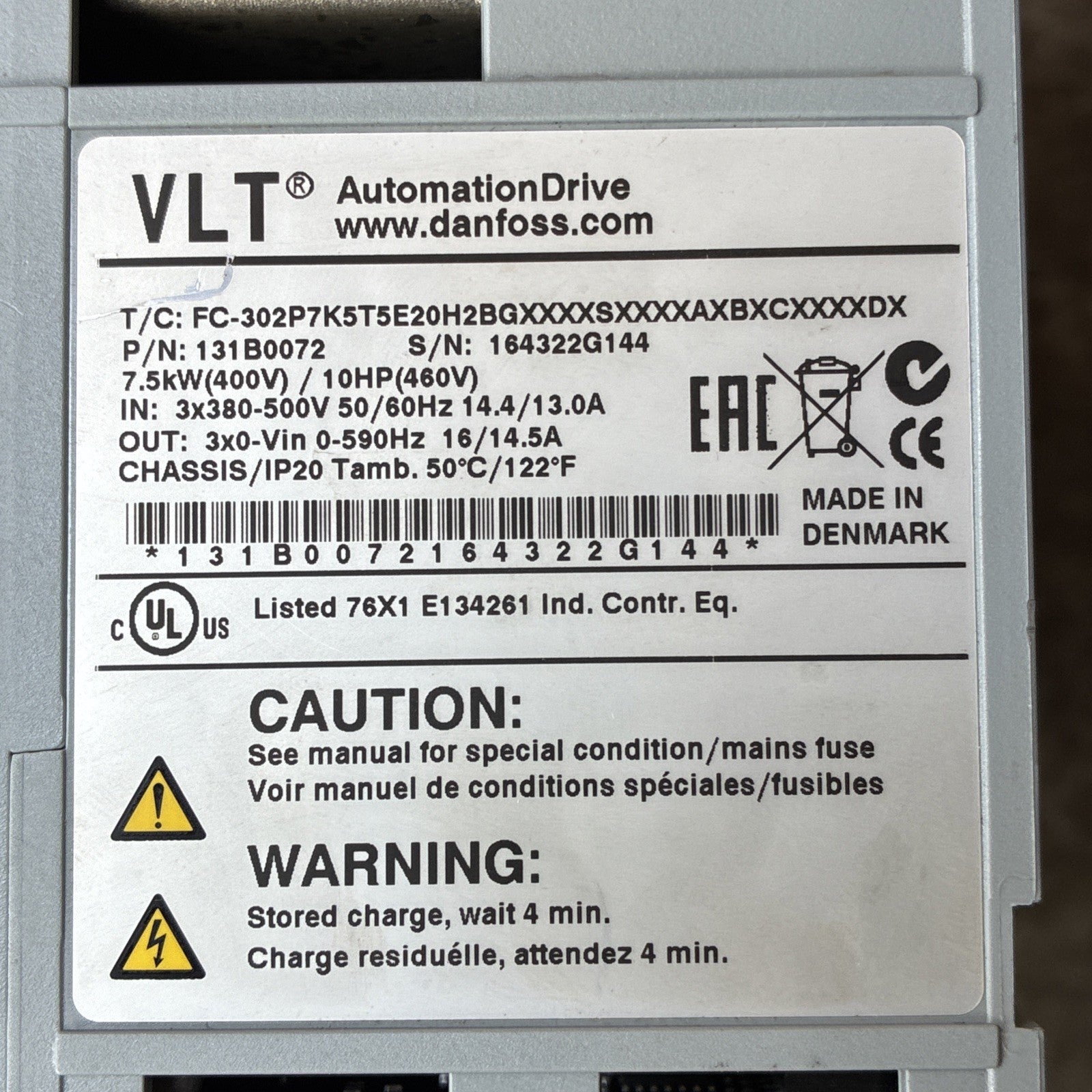 Danfoss VLT AutomationDrive 7.5kW 10HP Frequency Converter 131B0072 Style1