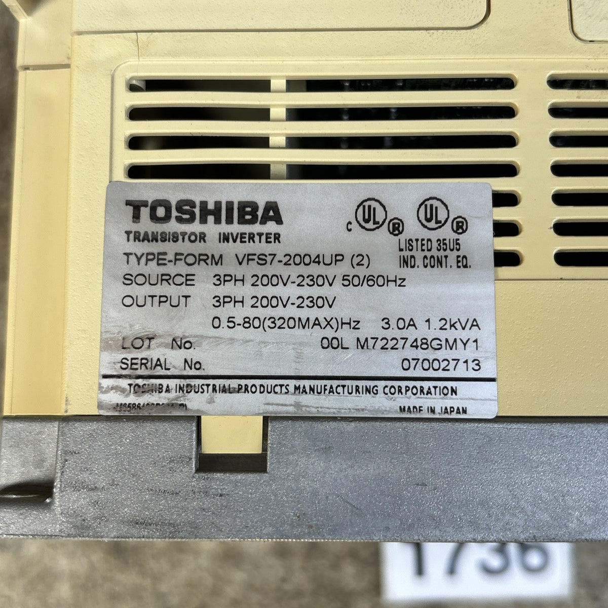 Toshiba VFS7 2004UP Transistor Invertor 3 Phase 3 Amp 200 230 Volts Works Read6