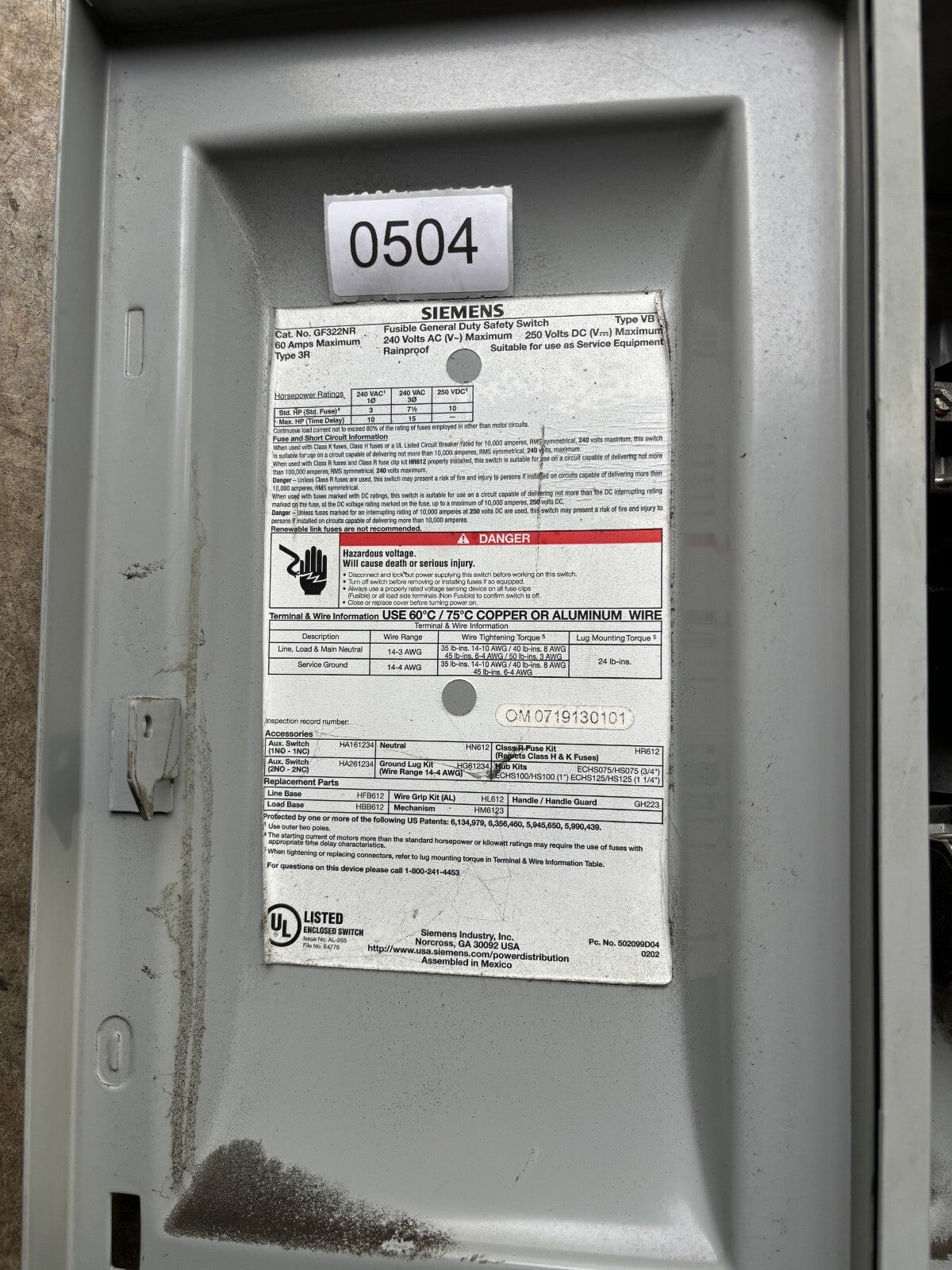Siemens GF322NR Fusible General Duty Safety Switch 60 Amp 240 Vac2