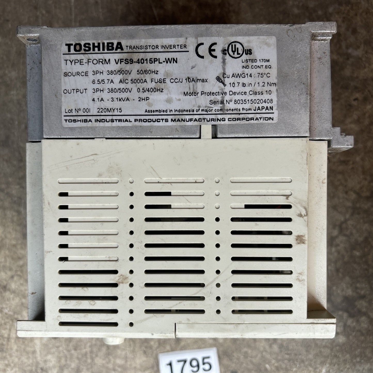 Toshiba VFS9 4015PL WN(1) VFD 0.5/400Hz 2Hp 380/500v 4.1A 3Ph In2
