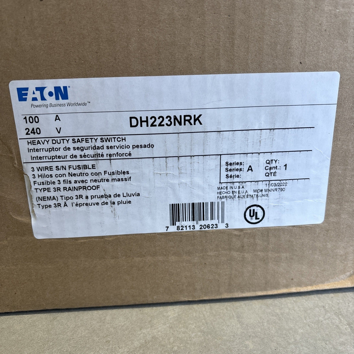 EATON, HEAVY DUTY SAFETY SWITCH, DH223NRK, 100A, 240VAC, 2 POLE, RAINPROOF, NEW2