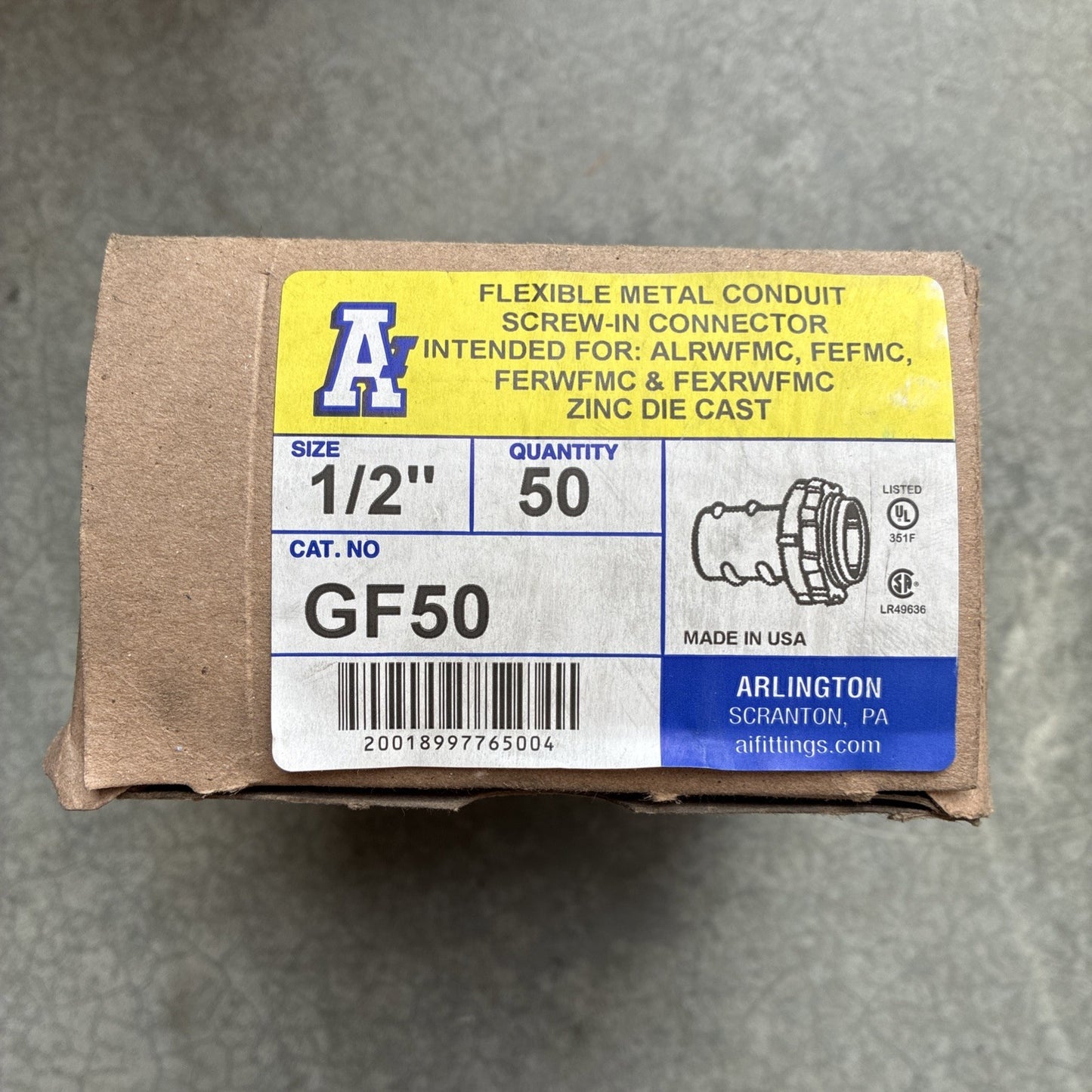 50 PC Arlington Industries GF50 1/2" Flexible Metal Conduit Screw In Connector0
