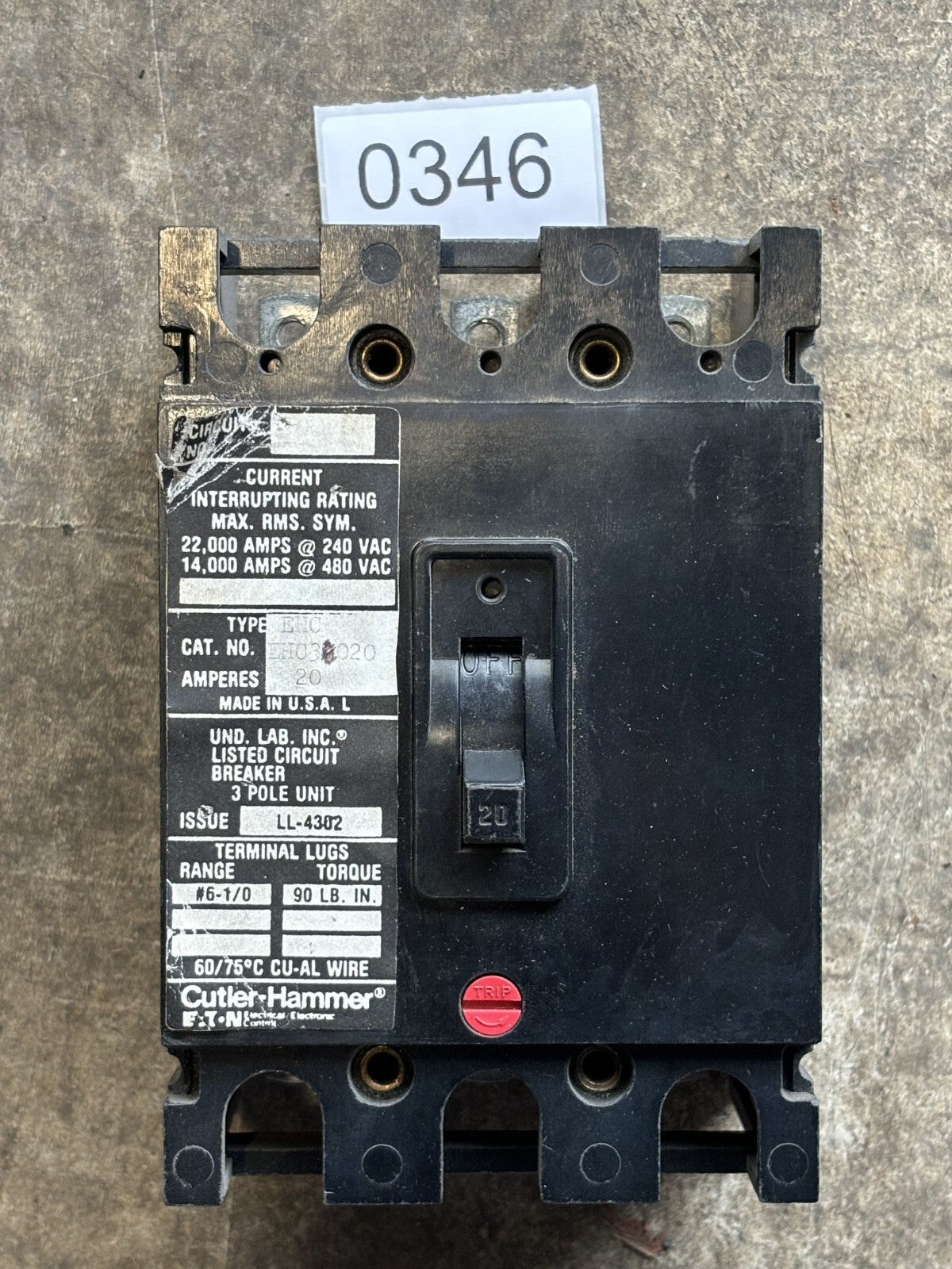 Cutler Hammer EHC3020 Circuit Breaker 20 A 3P 240/480V0