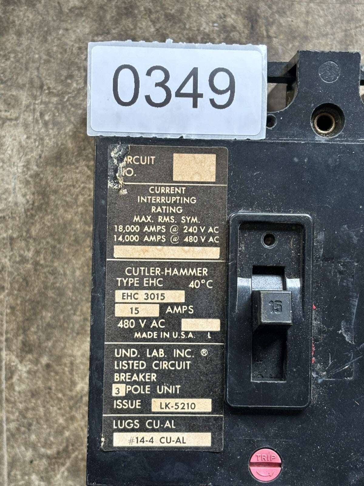 Cutler Hammer EHC3015 Circuit Breaker 15 Amps 3 Poles 480 Vac1