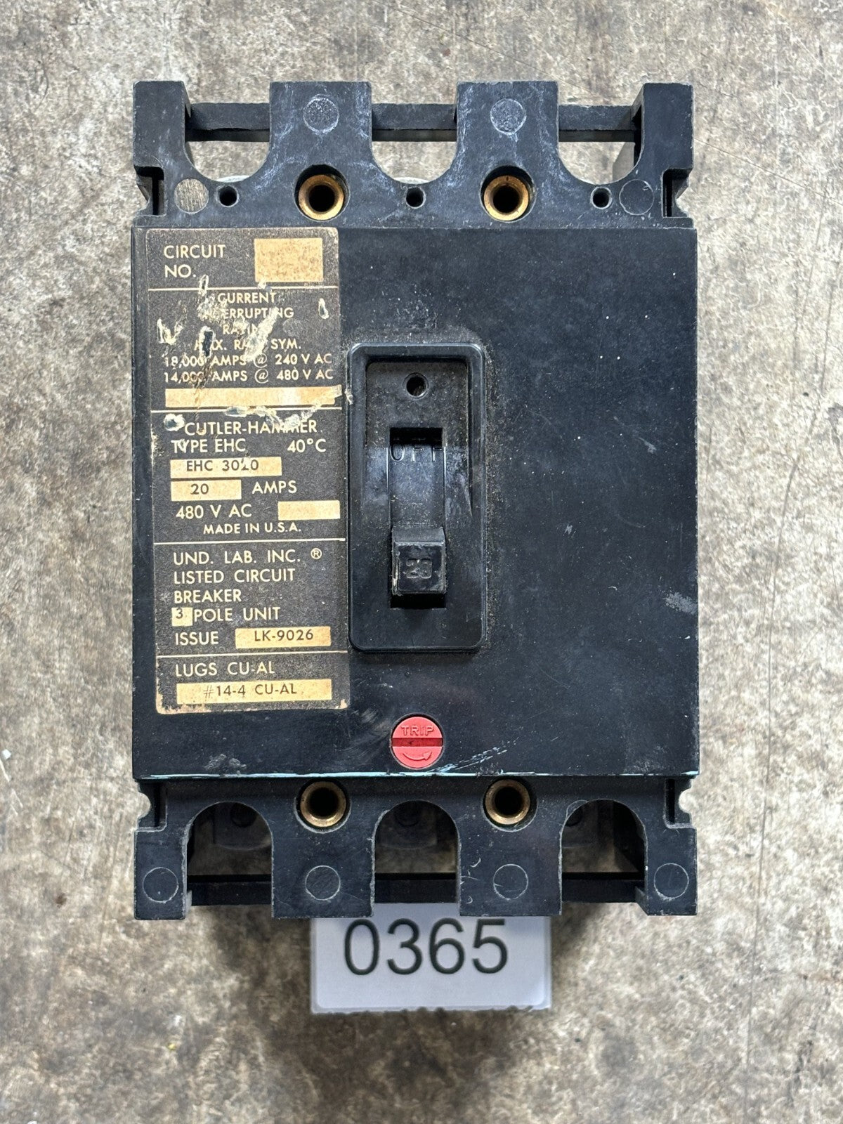 Cutler Hammer EHC3020 Circuit Breaker 20 A 3P 240/480V0