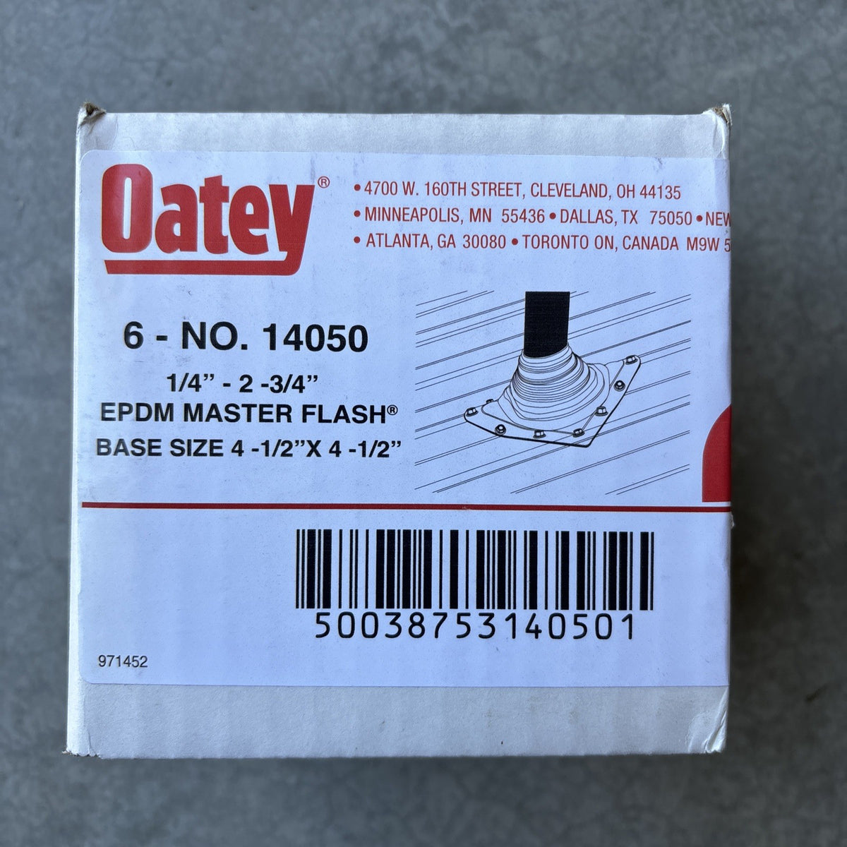 Oatey 14050 Retro Master 4.5" Sq Base/ Black 0.25" 2" Pipe Dia Roof Flash1