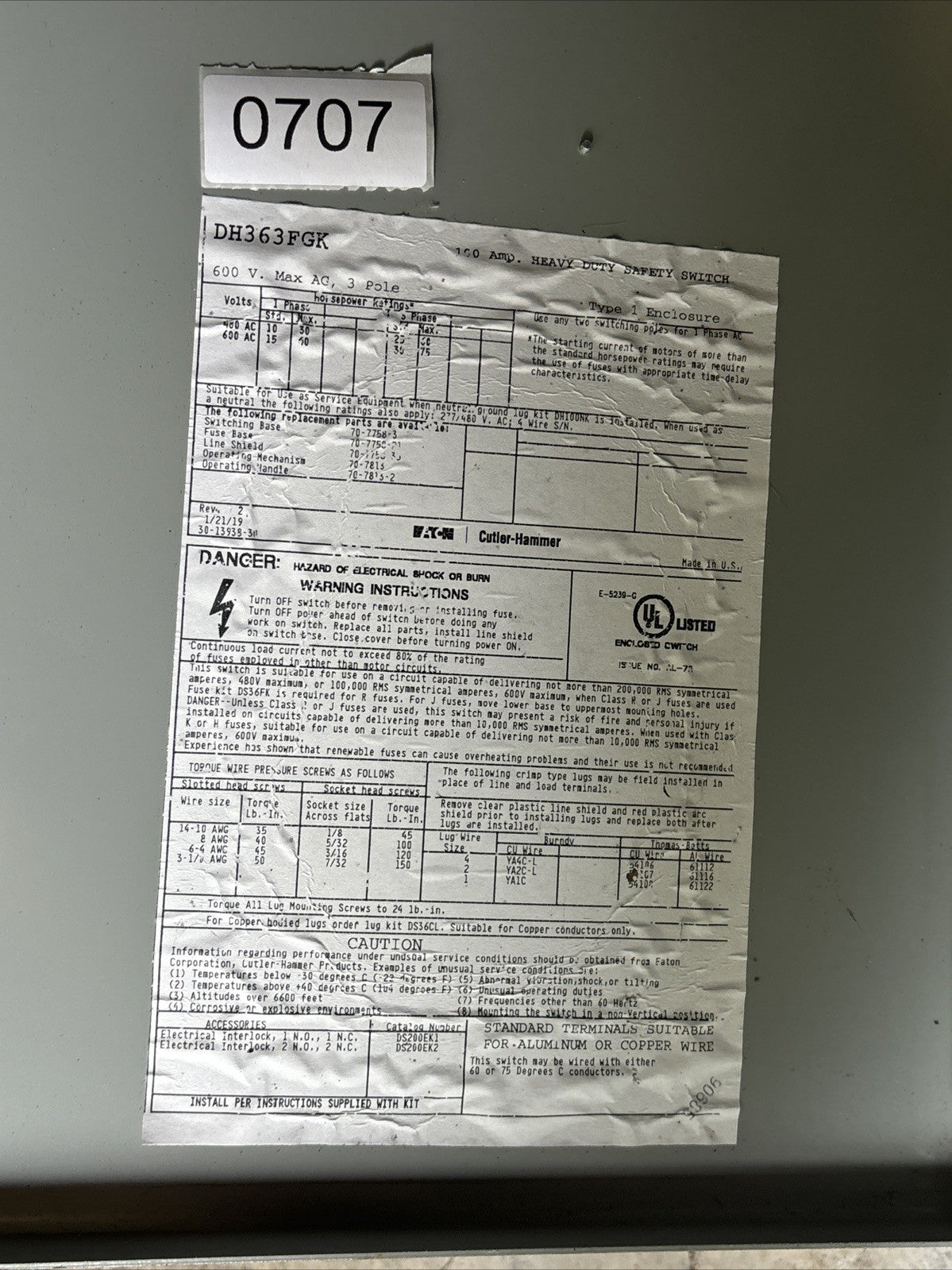 Eaton DH363FGK Heavy Duty Safety Switch 100 Amp 3 Pole 600 Vac1