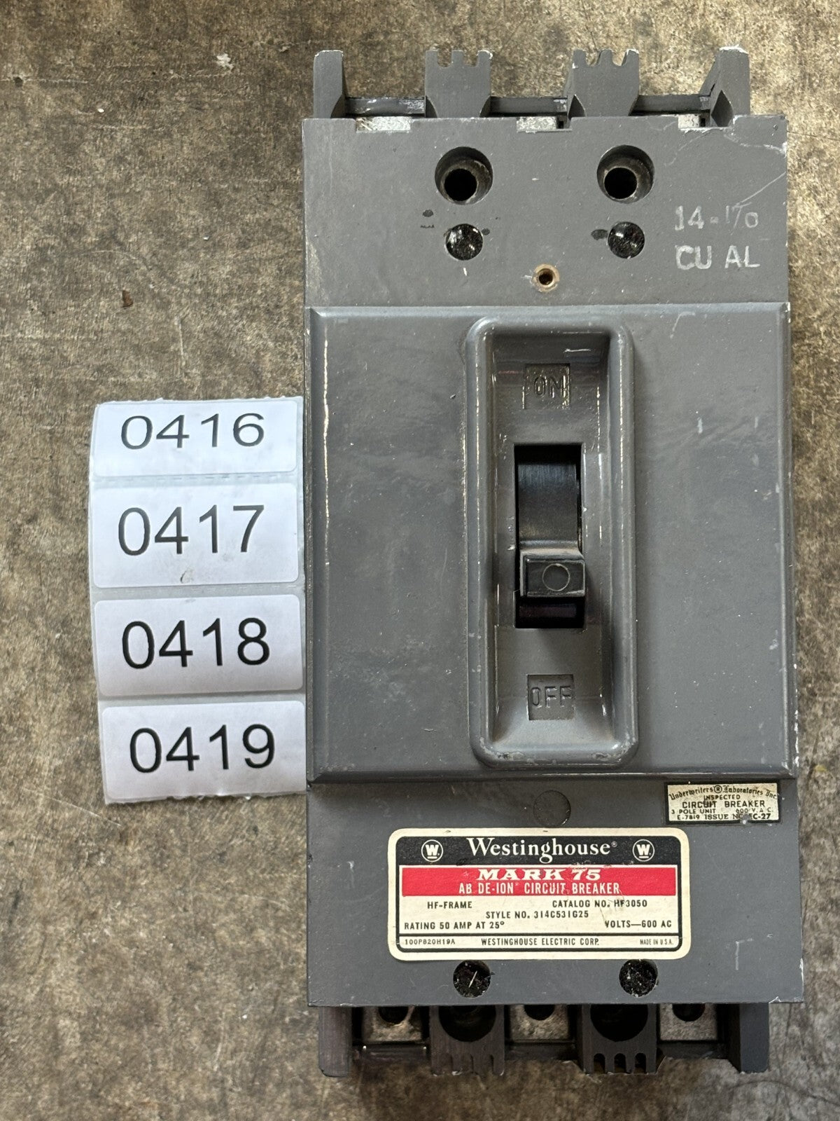 Westinghouse HF3050 Circuit Breaker 50 Amp 3 Pole 600 Vac0
