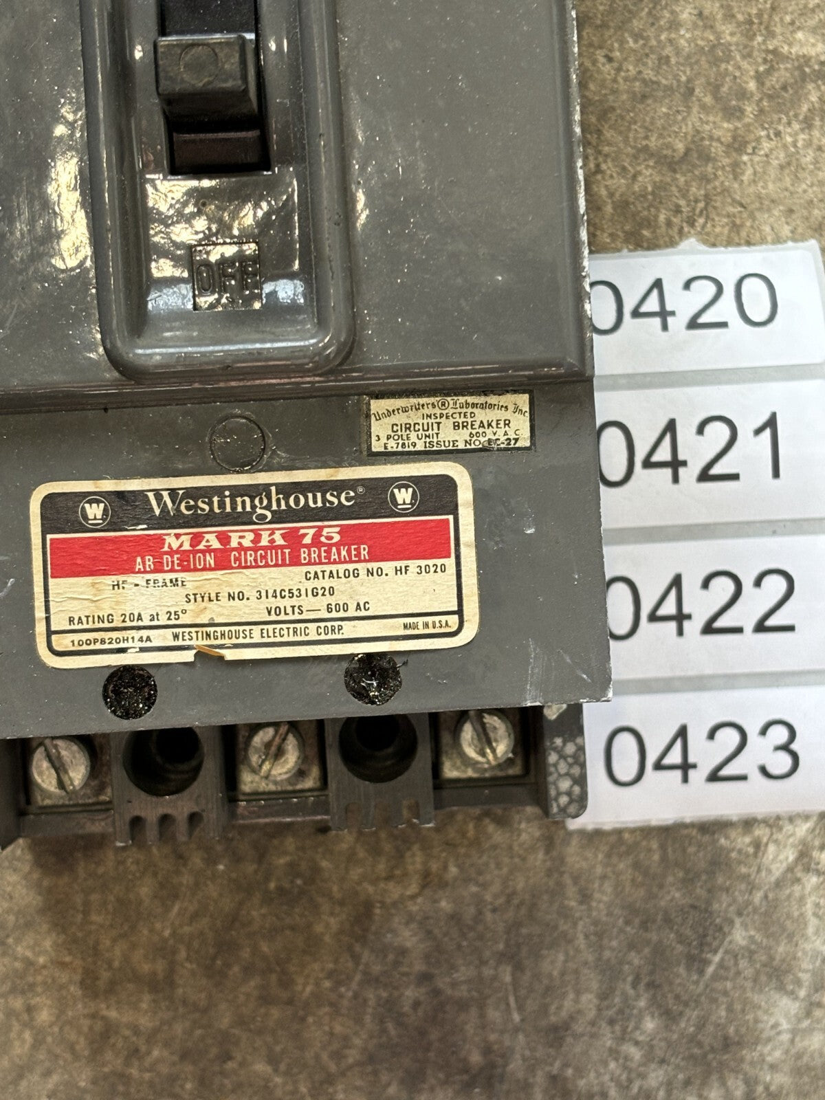 Westinghouse HF3020 Circuit Breaker 20 Amp 3 Pole 600 Vac1