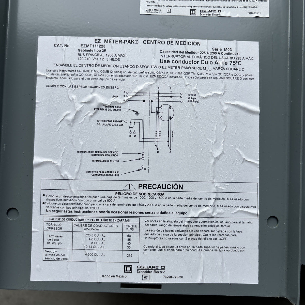 SQUARE D EZMT111225 1 PH 1200A Bus Ringed 225A EZM Meter w/ Test Bypass4