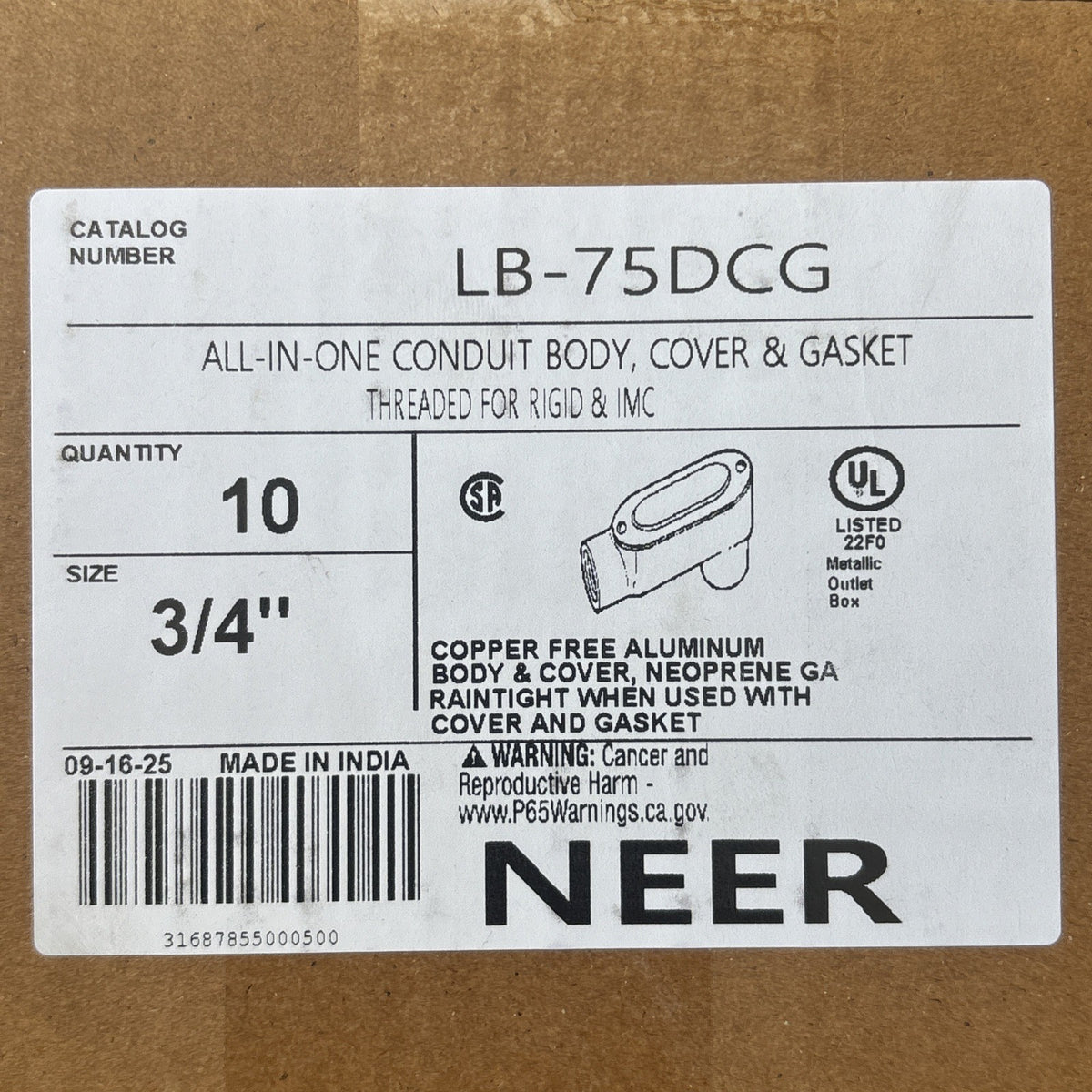 Case Of 10 NEER ALL IN ONE CONDUIT BODY | COVER & GASKET LB 75DCG1