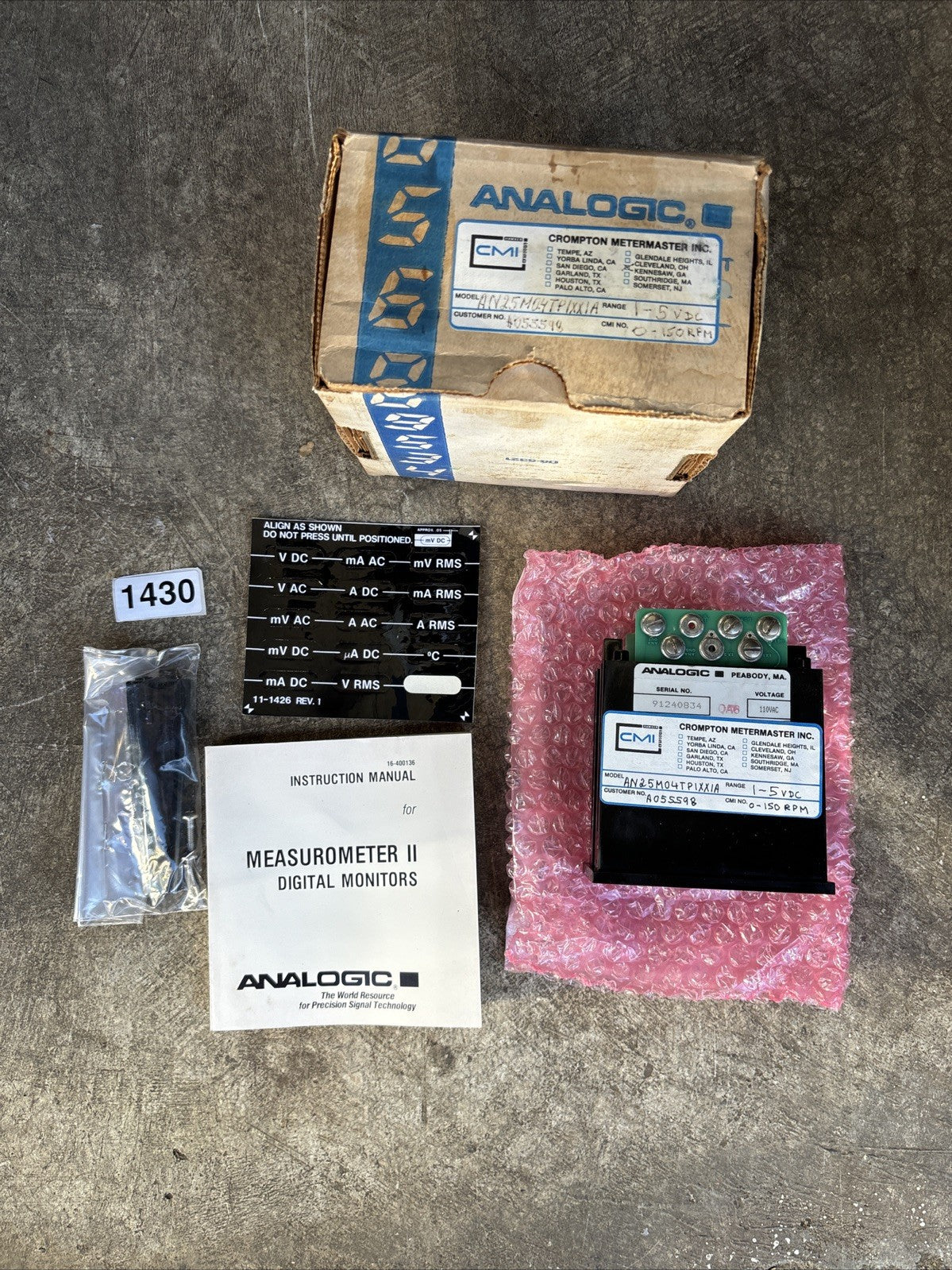 NEW Analogic Digital Panel Instrument AN25M04TPIXXIA  1 5v DC, 0 150 RPM. NEW0