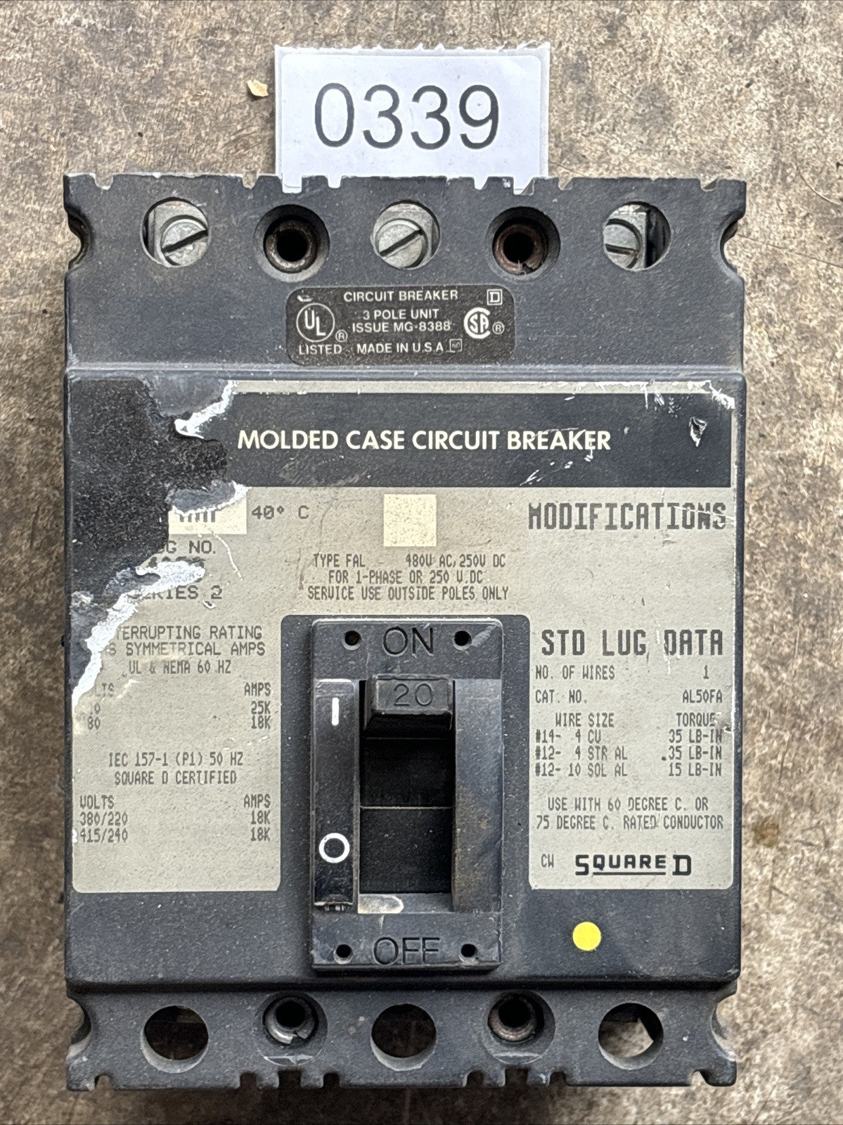 FHL36020 Square D Circuit Breaker 3 Pole 20 Amp 600V 0