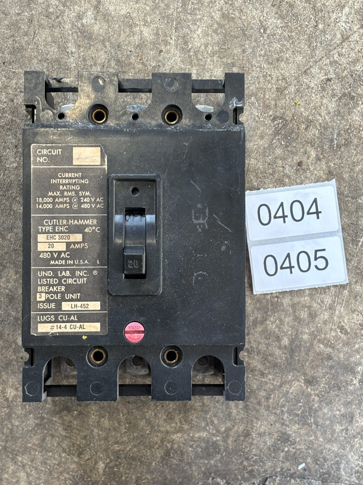Cutler Hammer EHC3020 Circuit Breaker 20 A 3P 240/480V0