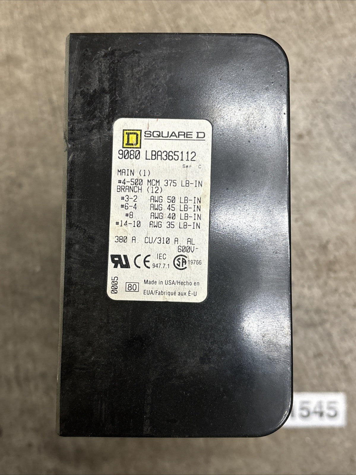 Square D Terminal Block 9080 LBA365112 380A 600V 3P1