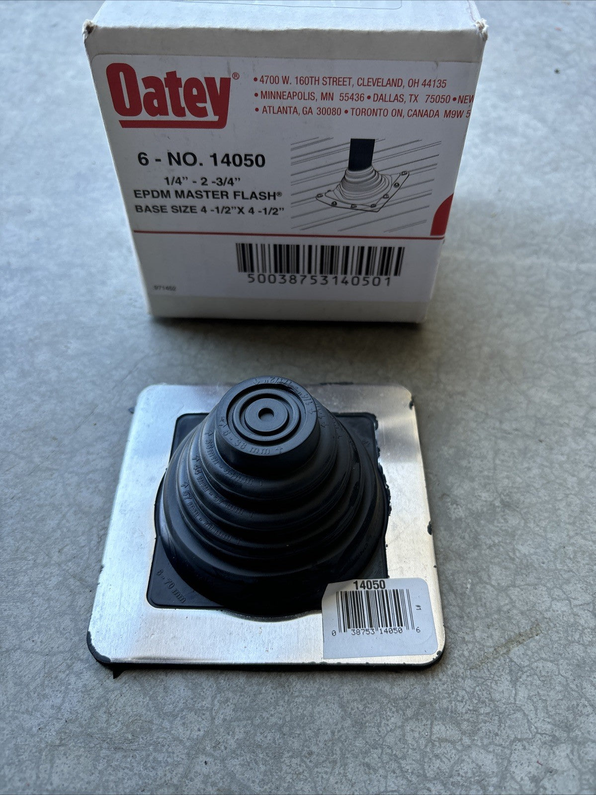 Oatey 14050 Retro Master 4.5" Sq Base/ Black 0.25" 2" Pipe Dia Roof Flash0