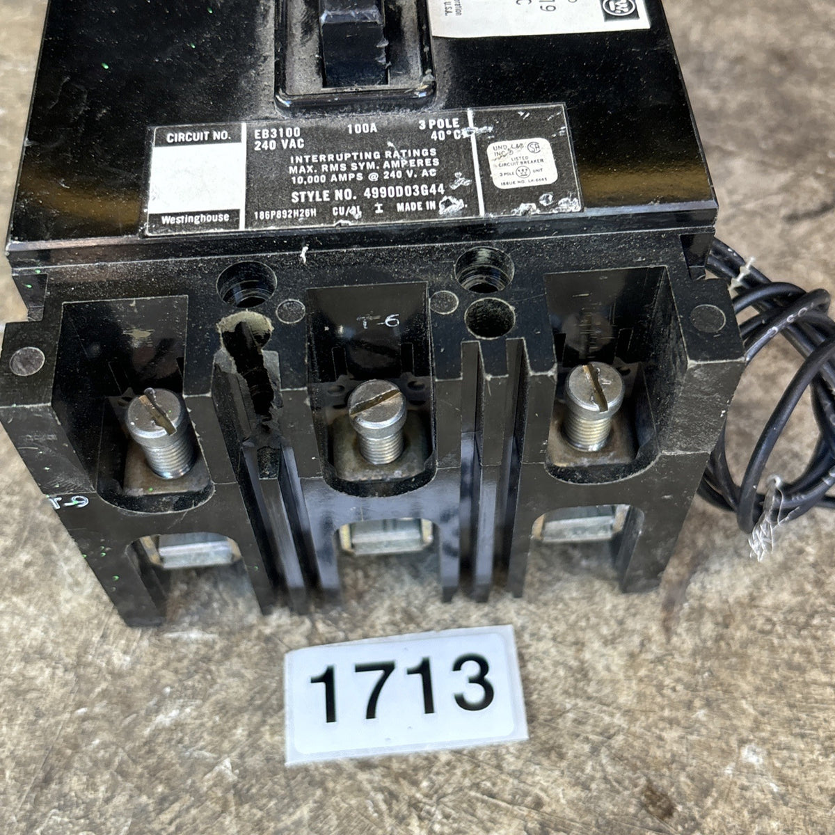 Westinghouse EB3100 100A 240V 3 Pole Circuit Breaker 17JS 1125 F16 Chipped3