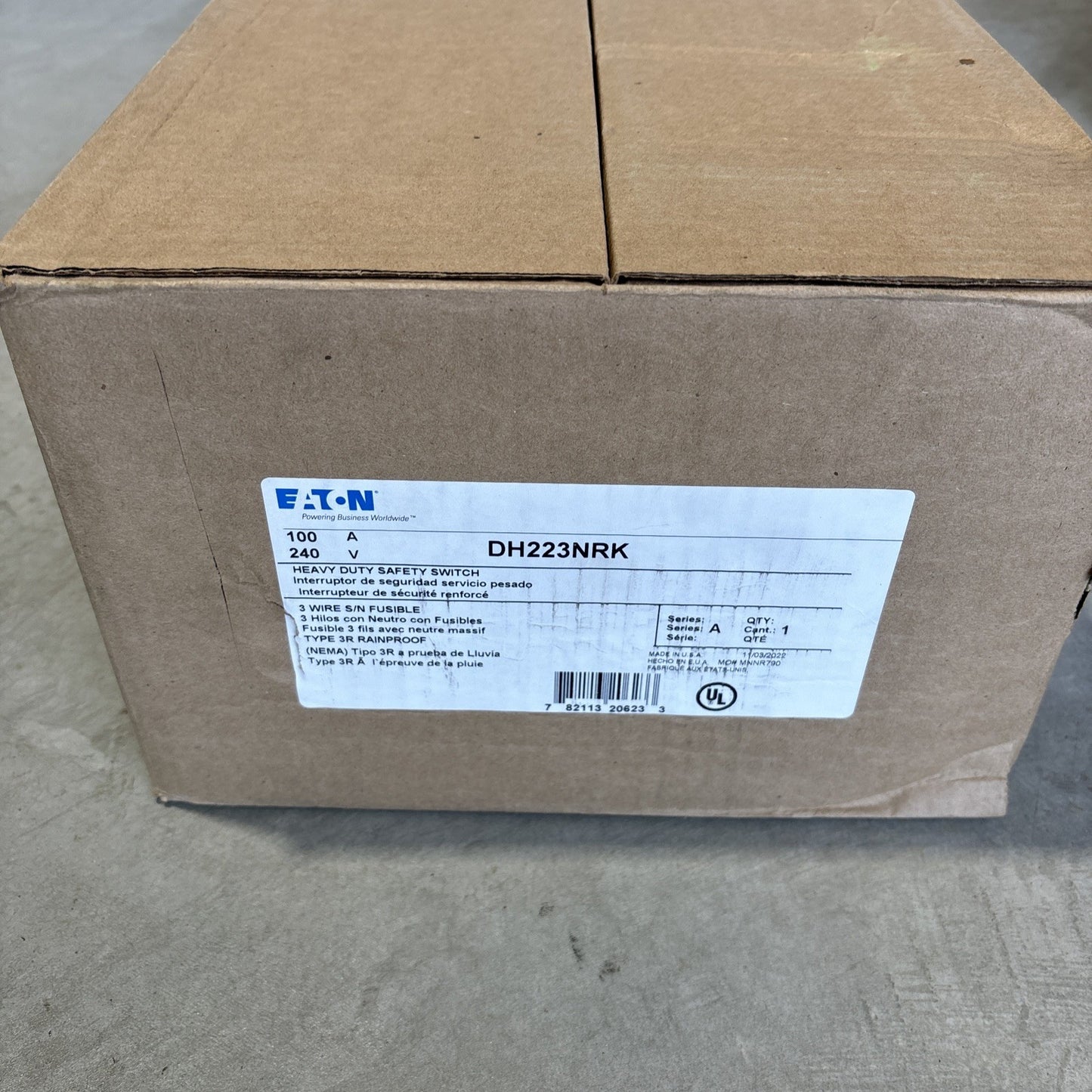 EATON, HEAVY DUTY SAFETY SWITCH, DH223NRK, 100A, 240VAC, 2 POLE, RAINPROOF, NEW0