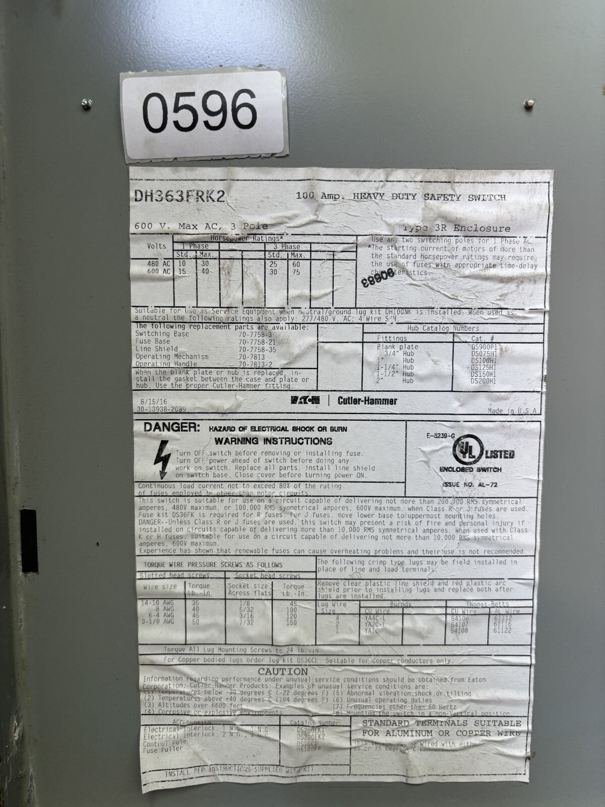 Eaton DH363FRK2 Heavy Duty Safety Switch 100 Amp 600 Vac 3 Pole3
